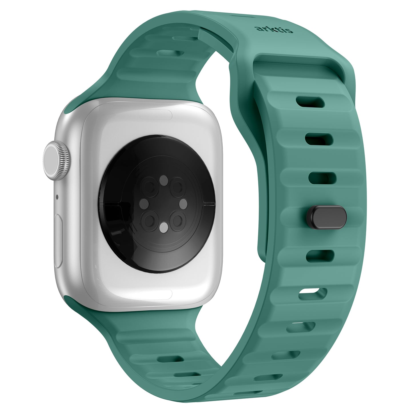 Das arktisband Apple Watch Silikonarmband „Active“ von arktisband ist in Silber mit grünem, belüftetem Design, Herzfrequenzsensoren und Einstelllöchern erhältlich – was seinen atmungsaktiven Komfort für dauerhaftes Tragen unterstreicht.