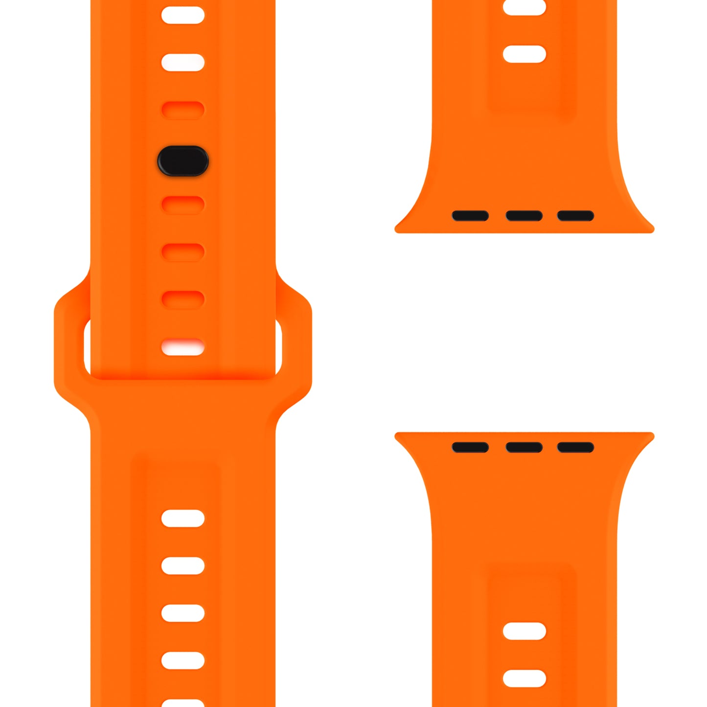 Drei Nahaufnahmen des orangefarbenen Arktisband Apple Watch FKM Sportarmbands „Sweat“ mit mehreren Einstelllöchern; beide Enden verfügen über schwarze Anschlüsse, wodurch es langlebig, flexibel und mit der Apple Watch kompatibel ist.