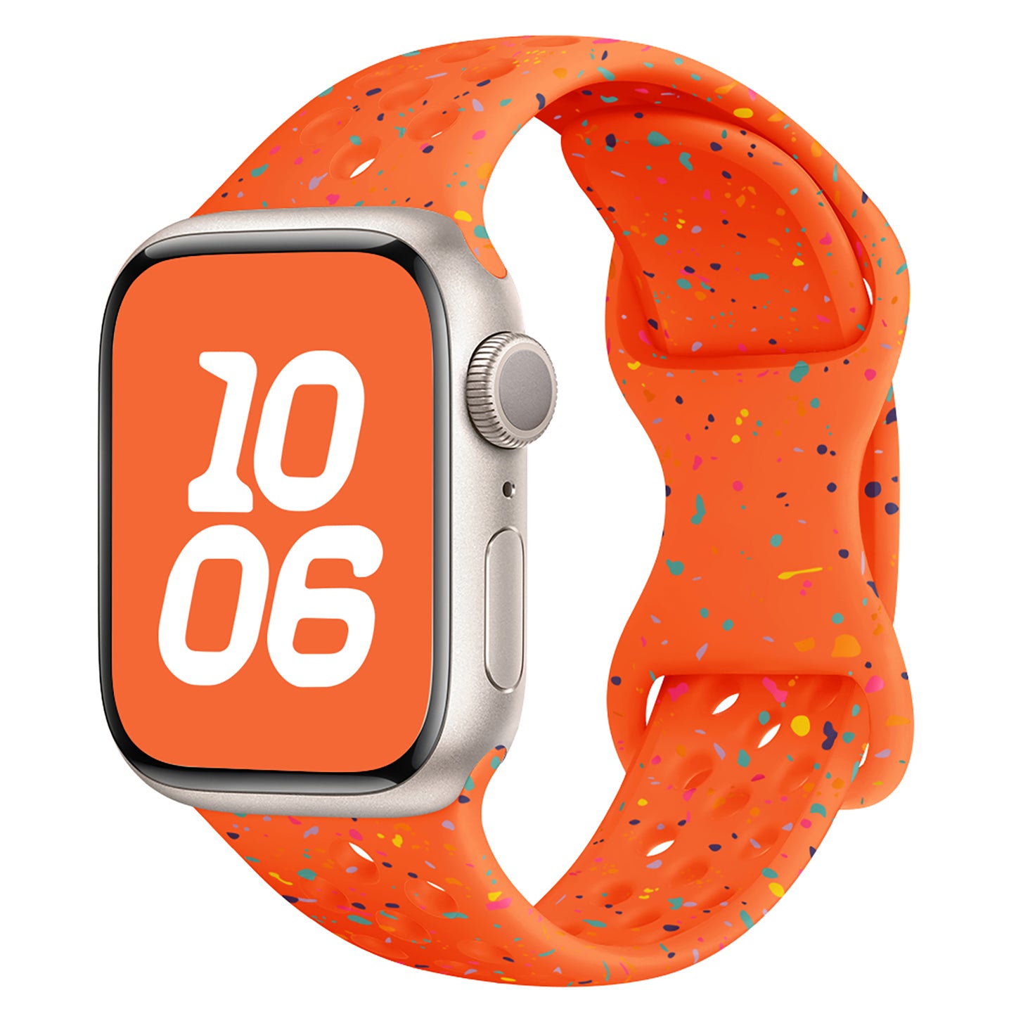 Das arktisband Apple Watch Silikonarmband "Carnival" besticht durch ein silbernes Gehäuse, ein orange gesprenkeltes Armband und ein Display mit kräftigen weißen Ziffern auf orangefarbenem Hintergrund. Ideal für sportliche Aktivitäten und kompatibel mit der Apple Watch.