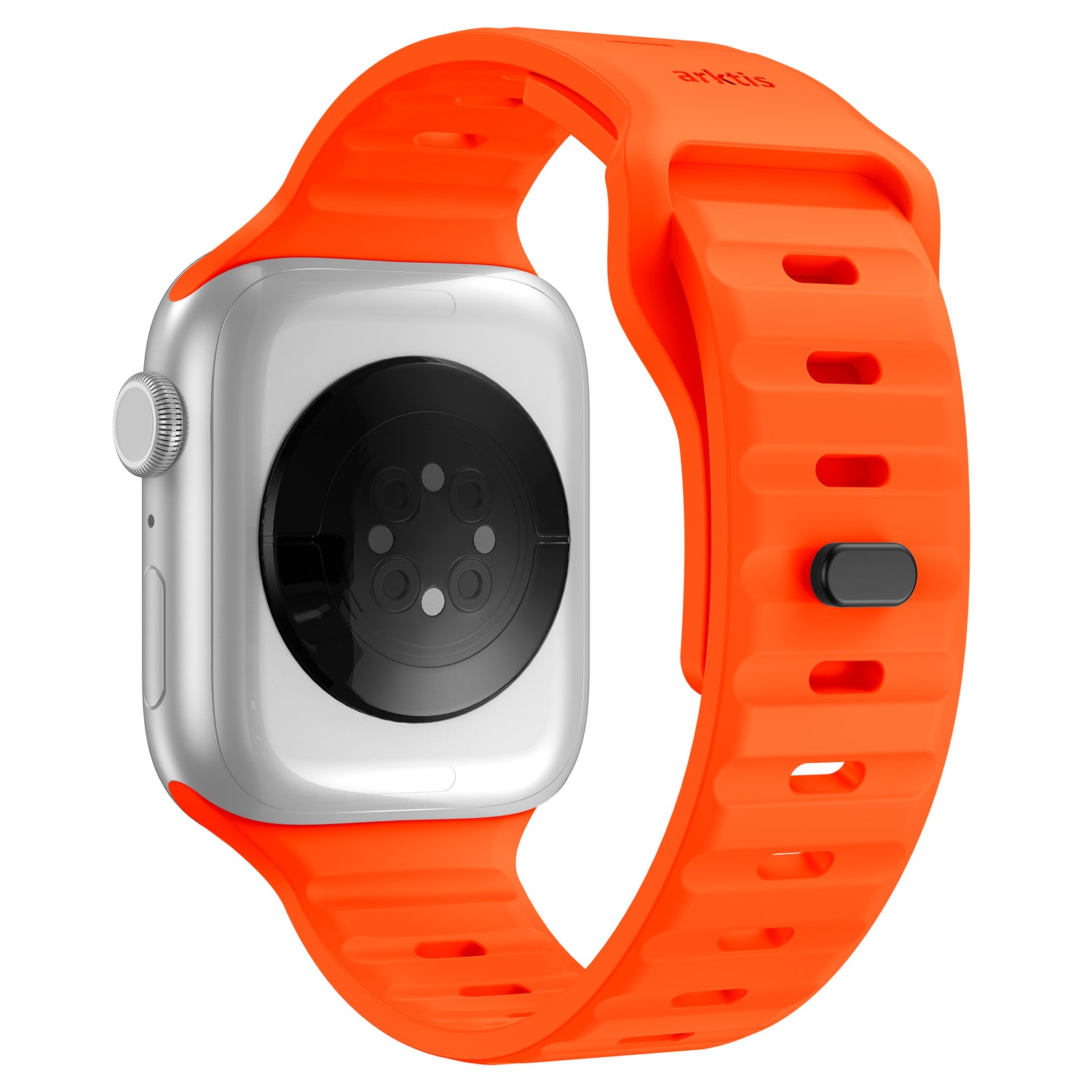 Das arktisband Apple Watch Silikonarmband „Active“ wird von hinten und von der Seite gezeigt und verfügt über ein orangefarbenes, geripptes, atmungsaktives Design gepaart mit einer silbernen Smartwatch und einem schwarzen Rücksensor.