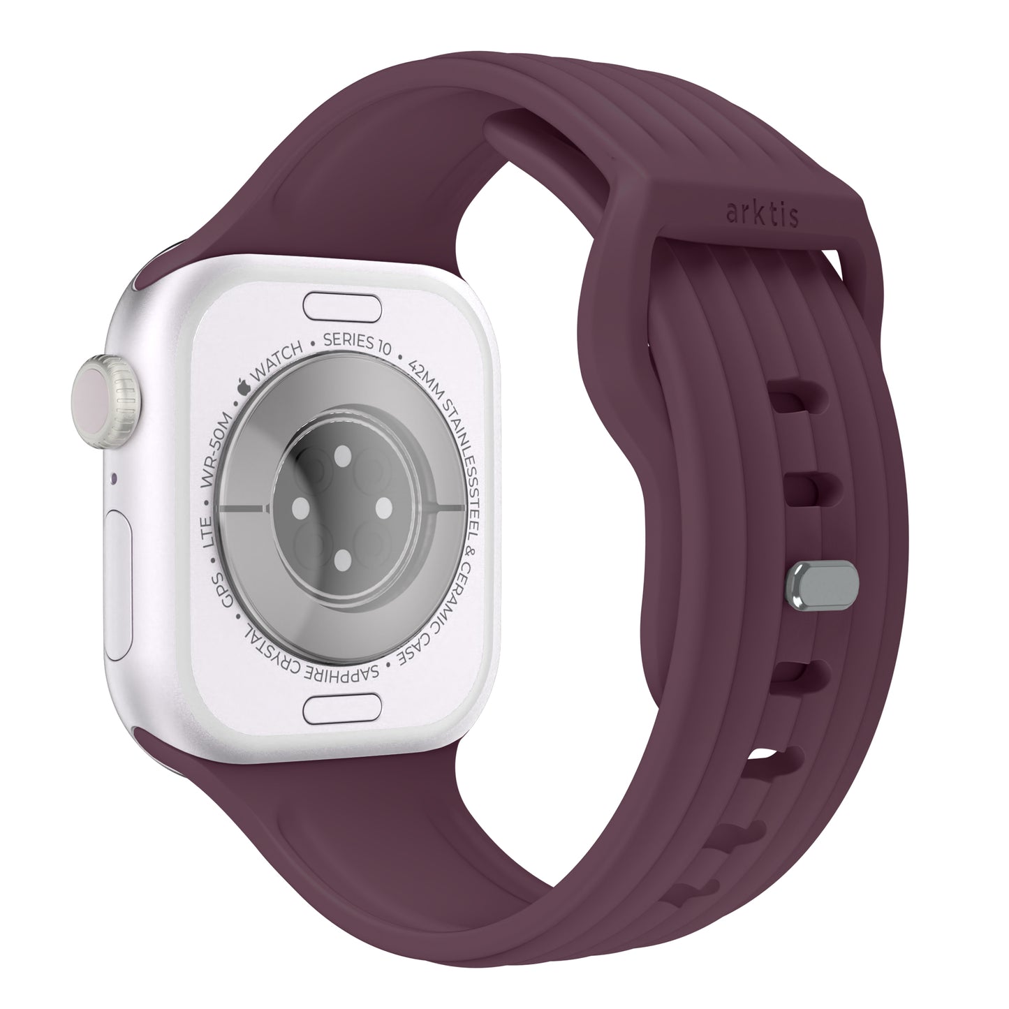 Ein weißes Arktisband Apple Watch Armband "Skandi" mit einem kastanienbraunen Fluorelastomer-Band, das von hinten gezeigt wird und die Sensoren und das Branding hervorhebt - perfekt für Fans des Skandi-Designs.