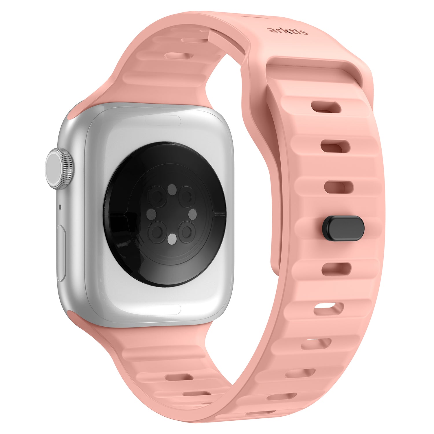 Das arktisband Apple Watch Silikonarmband „Active“ von arktisband in Pink wird von der Rückseite gezeigt und hebt sein atmungsaktives Silikonmaterial, den Verschluss, die Einstelllöcher und die Sensoren der Smartwatch hervor.