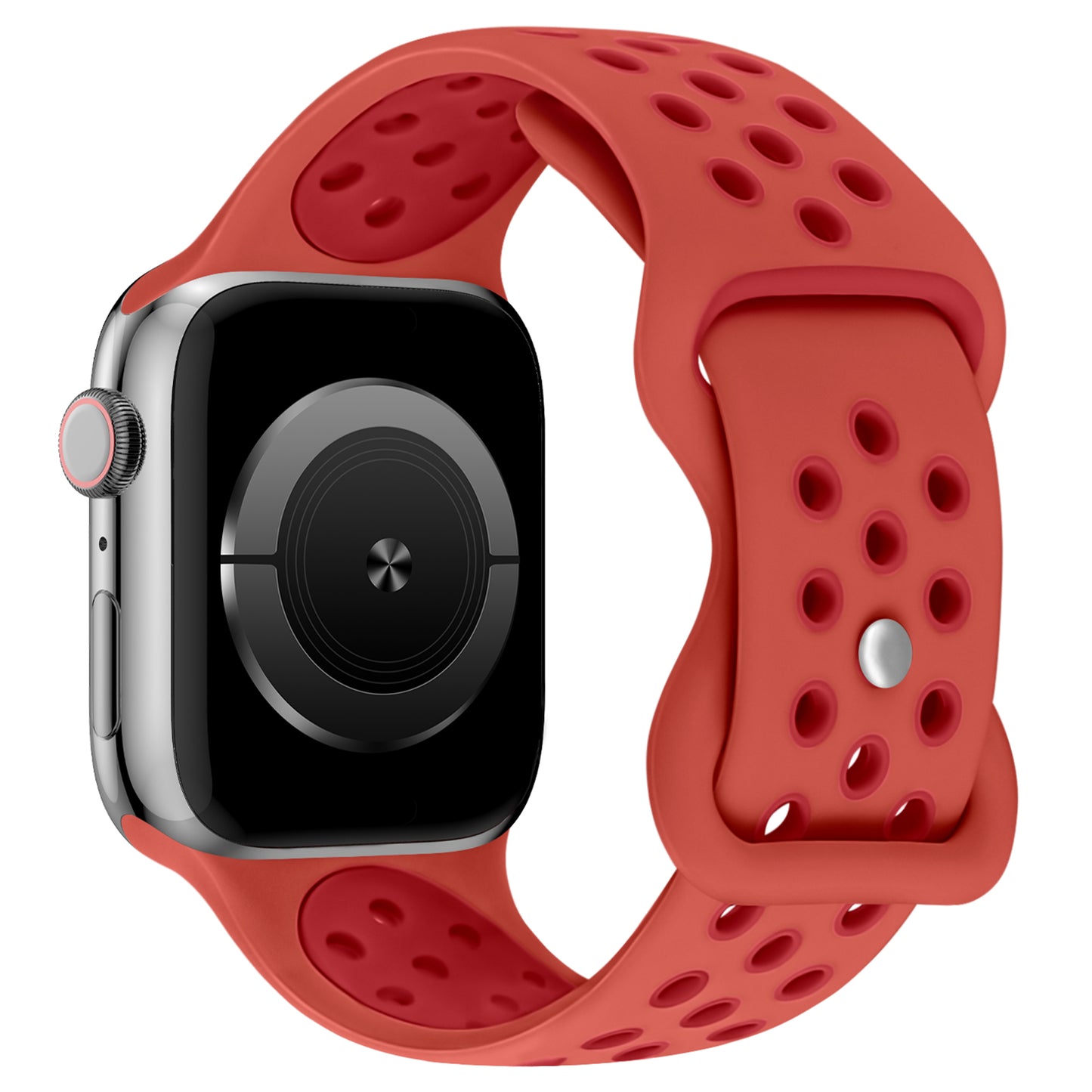 Das arktisband Apple Watch Silikonarmband „Energy“ ist ein rotes Silikonarmband mit mehreren Belüftungslöchern und einer Metallschließe, das für die Apple Watch entwickelt wurde und hier zusammen mit einer Smartwatch mit schwarzem Bildschirm und silbernem Gehäuse gezeigt wird.