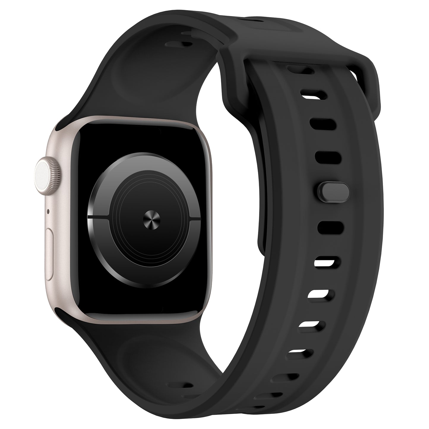 Eine Nahaufnahme zeigt das arktisband Apple Watch FKM Sportarmband "Sweat" von arktisband mit einem strapazierfähigen, flexiblen Fluorelastomer-Armband und einem rechteckigen Metallgehäuse mit minimalistischem schwarz-grauem Runddisplay. Kompatibel mit der Apple Watch.