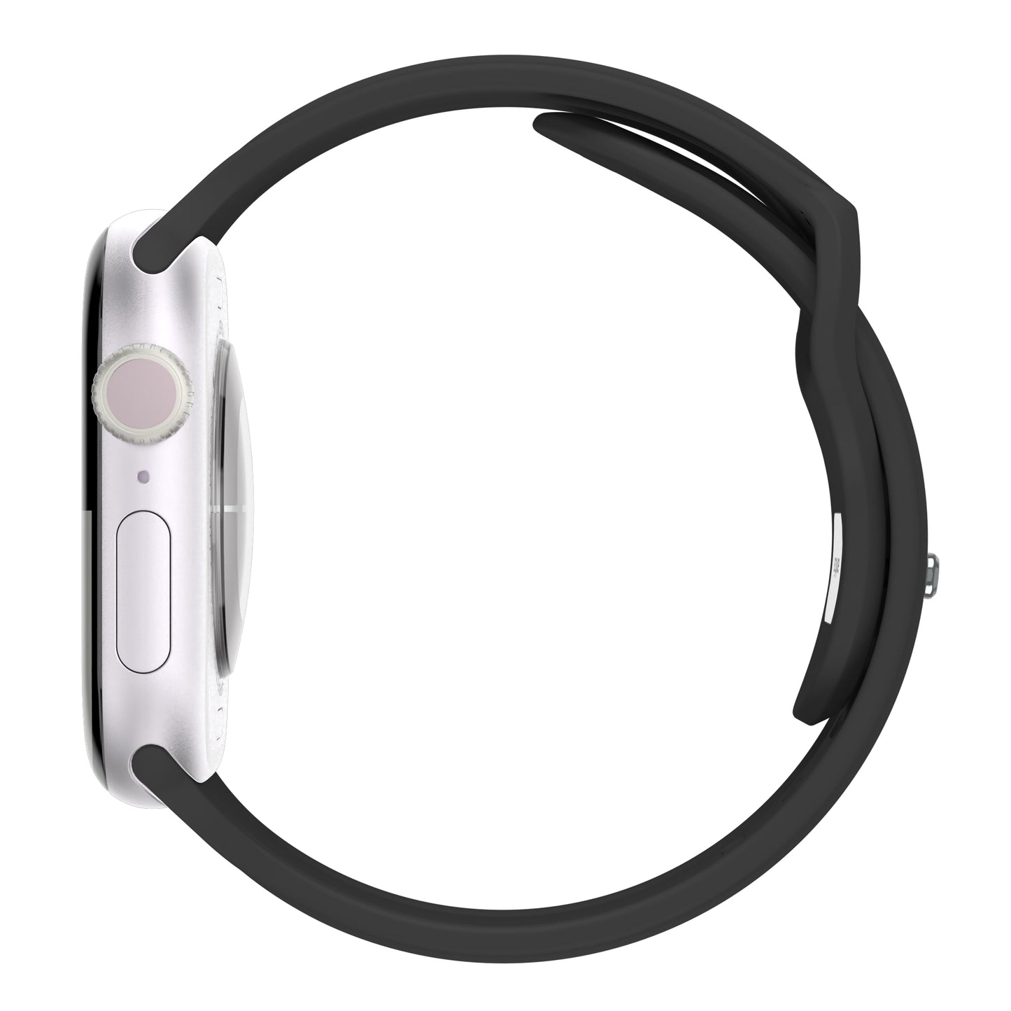 Seitenansicht des arktisband Apple Watch Armbands "Skandi" von arktisband aus schwarzem Fluorelastomer, teilweise geöffnet, befestigt an einer Smartwatch mit silbernem Gehäuse vor weißem Hintergrund.
