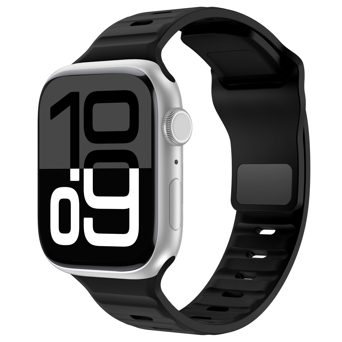 Das arktisband Apple Watch Silikonarmband „Active“ von arktisband, abgebildet mit einer silbernen Smartwatch und einer schwarz-weißen Digitalanzeige mit der Aufschrift „10 09“, verfügt aus der Perspektive eines schrägen Blicks über ein atmungsaktives Sportarmband.
