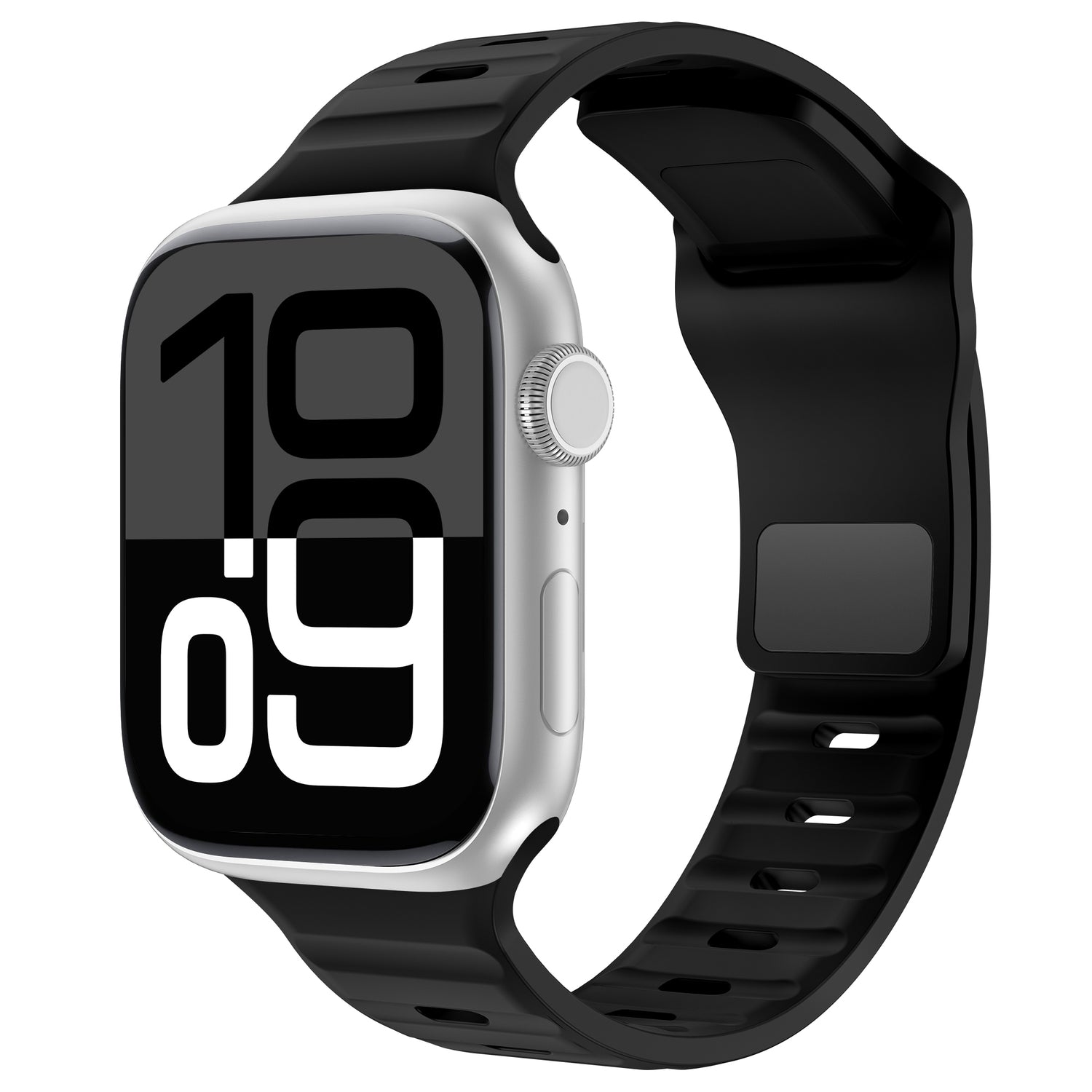 Das arktisband Apple Watch Silikonarmband „Active“ von arktisband, abgebildet mit einer silbernen Smartwatch und einer schwarz-weißen Digitalanzeige mit der Aufschrift „10 09“, verfügt aus der Perspektive eines schrägen Blicks über ein atmungsaktives Sportarmband.