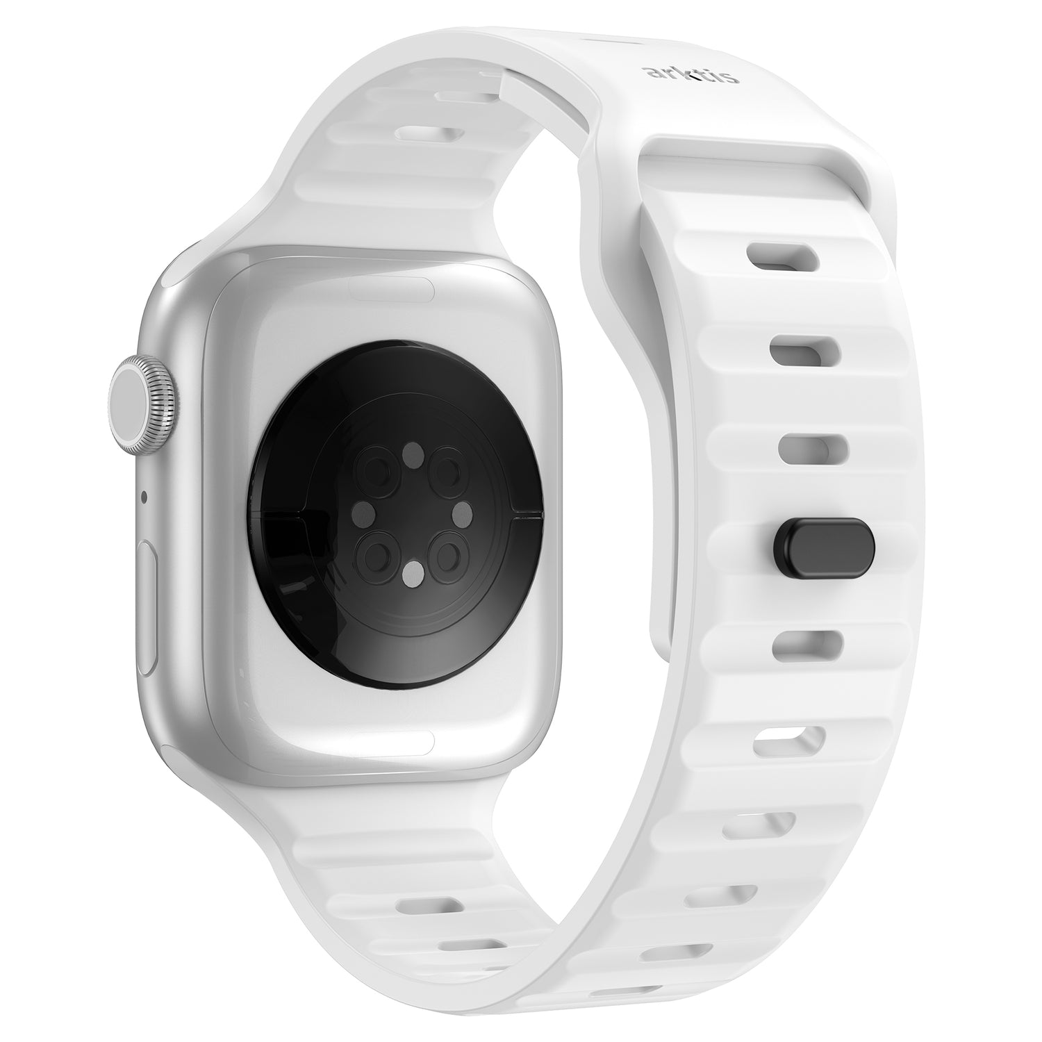 Das arktisband Apple Watch Silikonarmband „Active“ von arktisband präsentiert sich in Silber mit weißem, atmungsaktivem Design, das Sensorbereich und Bandverschluss von der Rückseite hervorhebt.