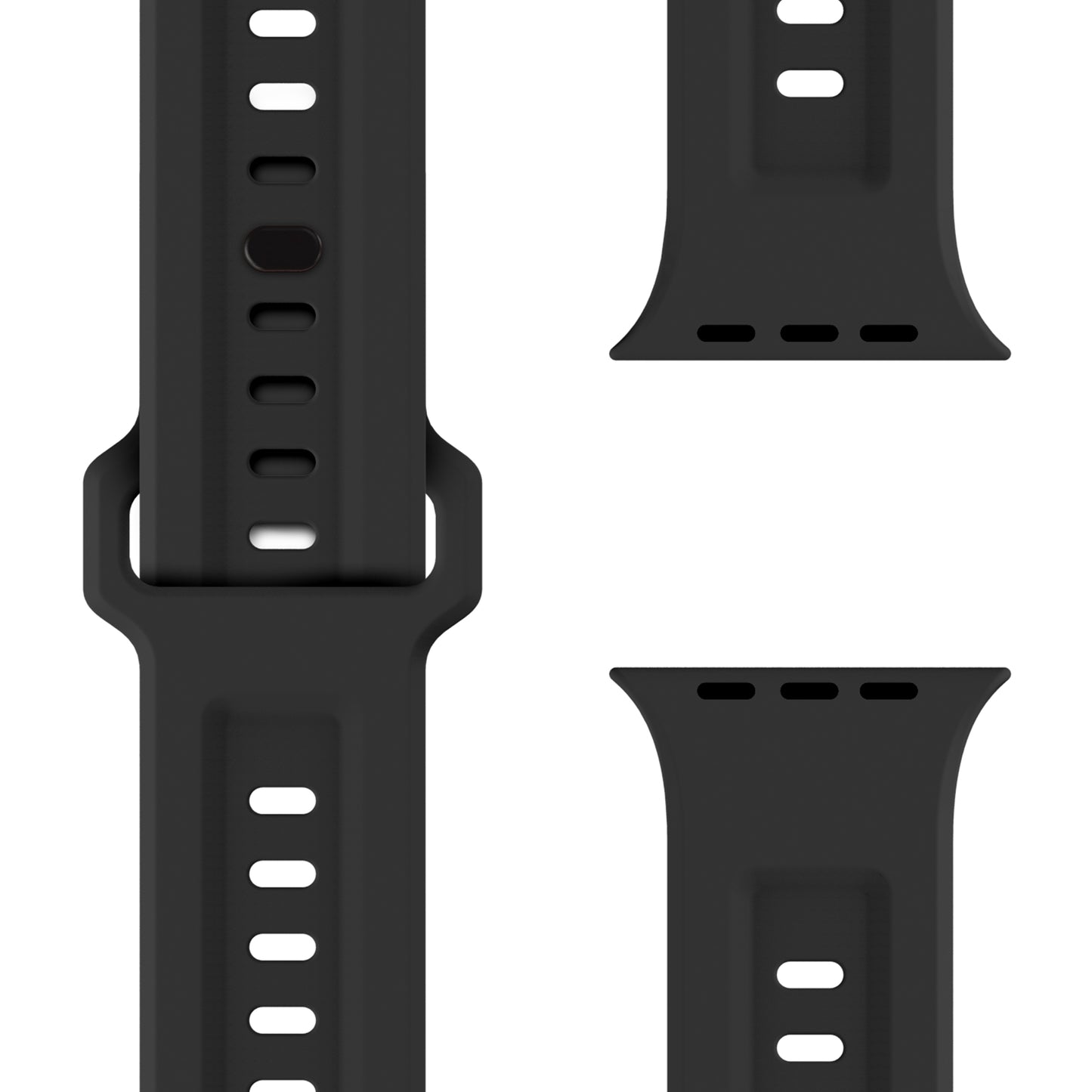 Das arktisband Apple Watch FKM Sportarmband „Sweat“ von arktisband besteht aus langlebigem, elastischem Fluorelastomer und besitzt Anpassungslöcher. Drei Ansichten zeigen Verschlussbereich und die Verbindung zur Apple Watch.