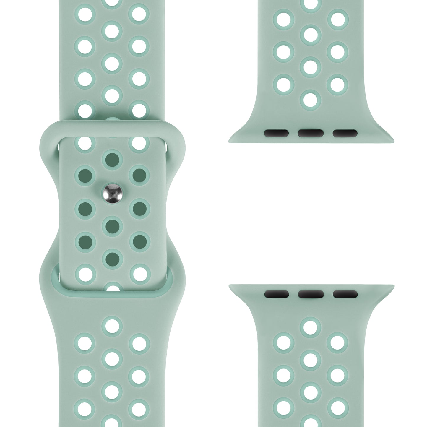 Das arktisband Apple Watch Silikonarmband „Energy“ in Hellgrün verfügt über Lochreihen zur Atmungsaktivität und ist sowohl geschlossen als auch offen abgebildet; es lässt sich einfach an Ihrer Apple Watch befestigen.
