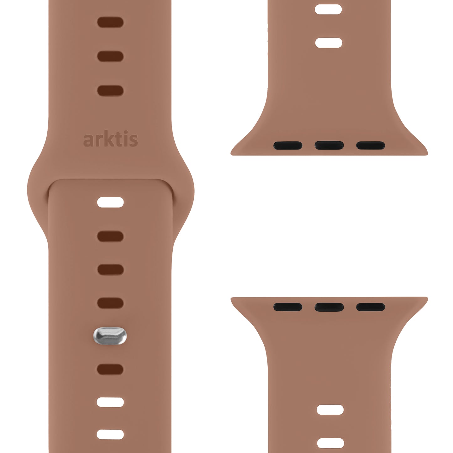 Das Arktisband Apple Watch Silikonarmband "Solis" ist ein hellbraunes Silikon-Sportarmband mit Arktisband-Prägung, mehreren Einstelllöchern und Anschlussenden, kompatibel mit der Apple Watch. Das Bild zeigt Nahaufnahmen des Armbands.