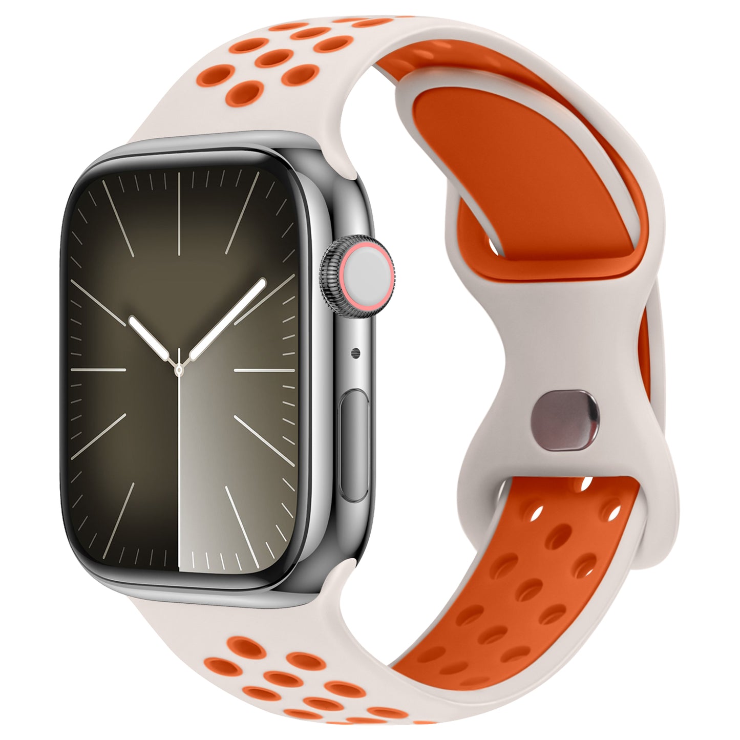 Das arktisband Apple Watch Silikonarmband "Energy" in Weiß-Orange wird auf einer rechteckigen Smartwatch mit minimalistischem Analogdisplay und schwarz-weißen Zeigern angezeigt, kompatibel mit der Apple Watch für eine nahtlose Integration.