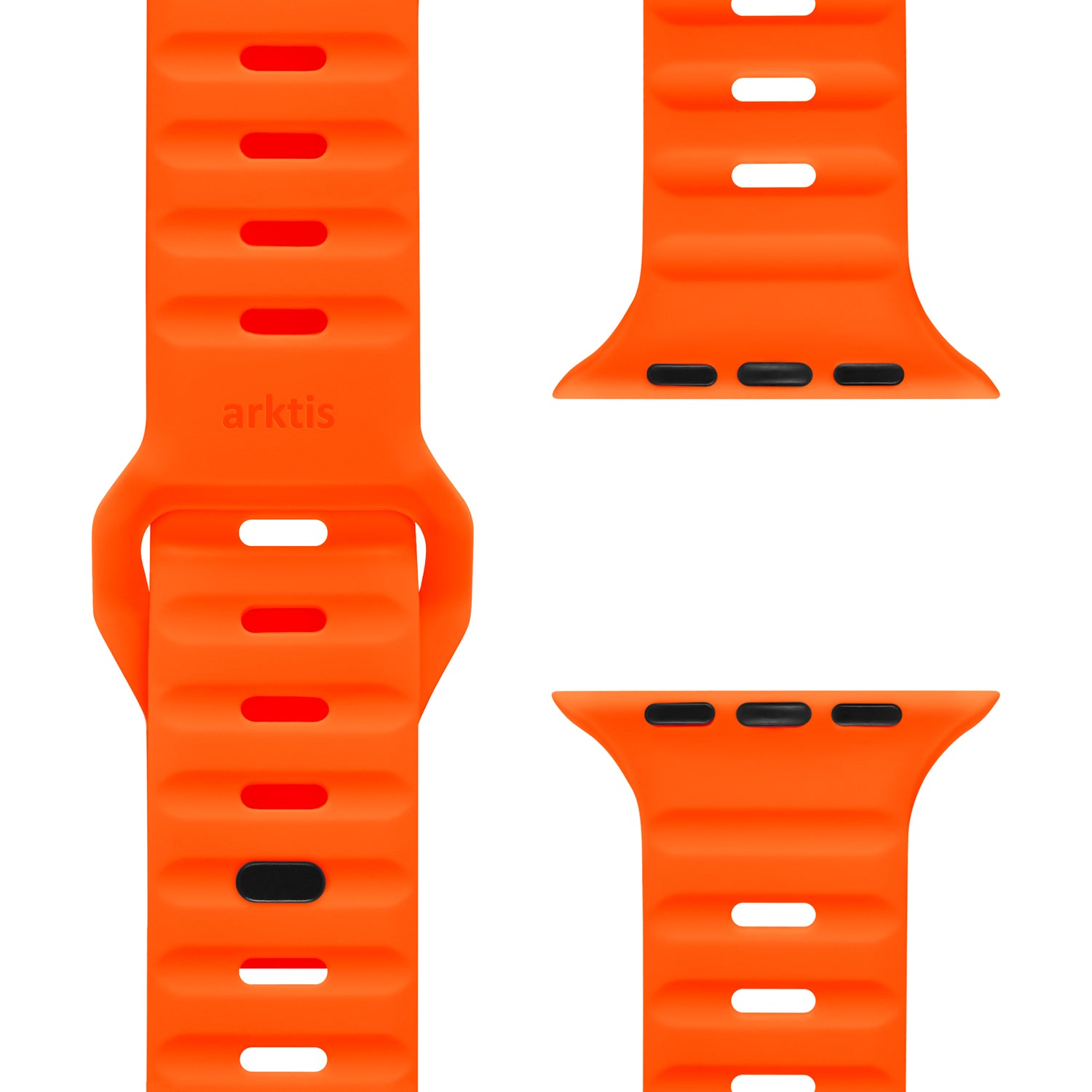Nahaufnahme des arktisband Apple Watch Silikonarmbands "Active" in Orange, mit geripptem, atmungsaktivem Design und mehreren Löchern, aus drei Perspektiven. Das arktisband-Logo ist sichtbar. Kompatibel als Apple Watch Armband.