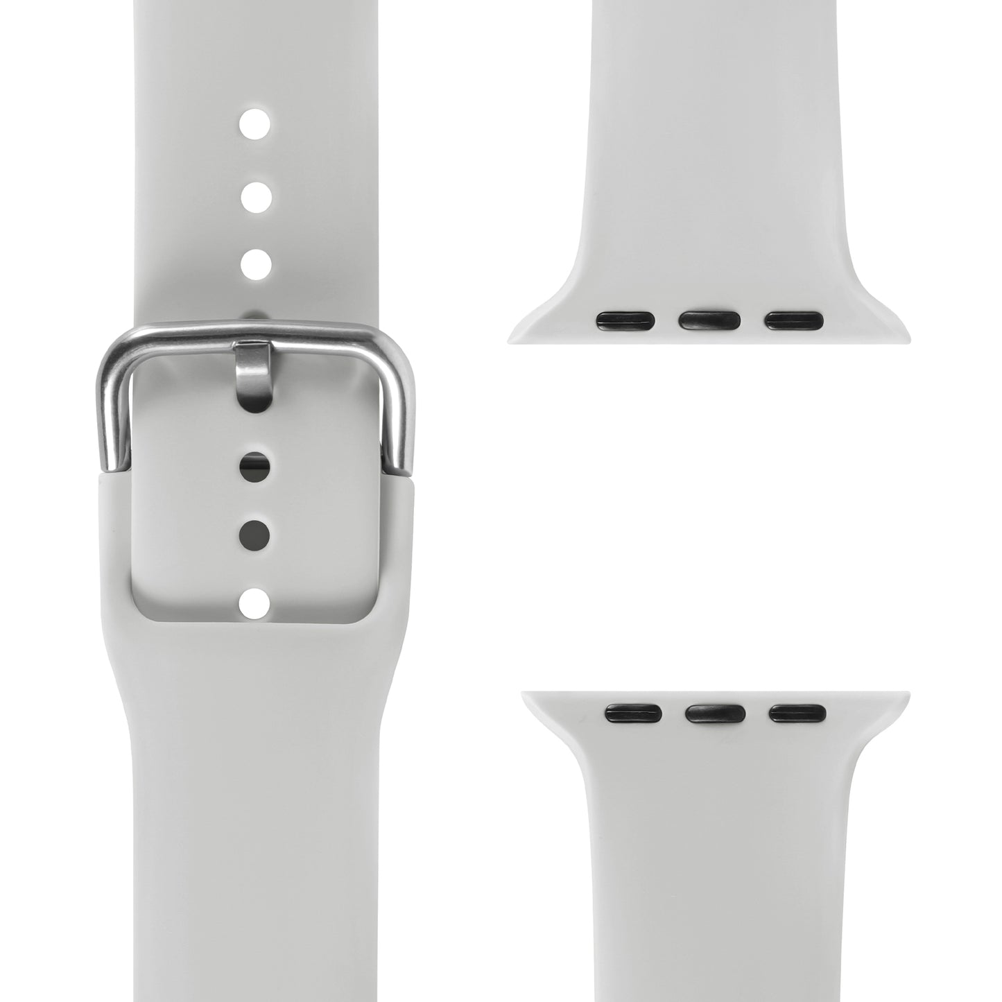 Eine Nahaufnahme des hellgrauen Arktisband Apple Watch Silikonarmbands „Aqua“ zeigt seine sportliche Schnalle, Einstelllöcher und Anschlüsse vor einem weißen Hintergrund.