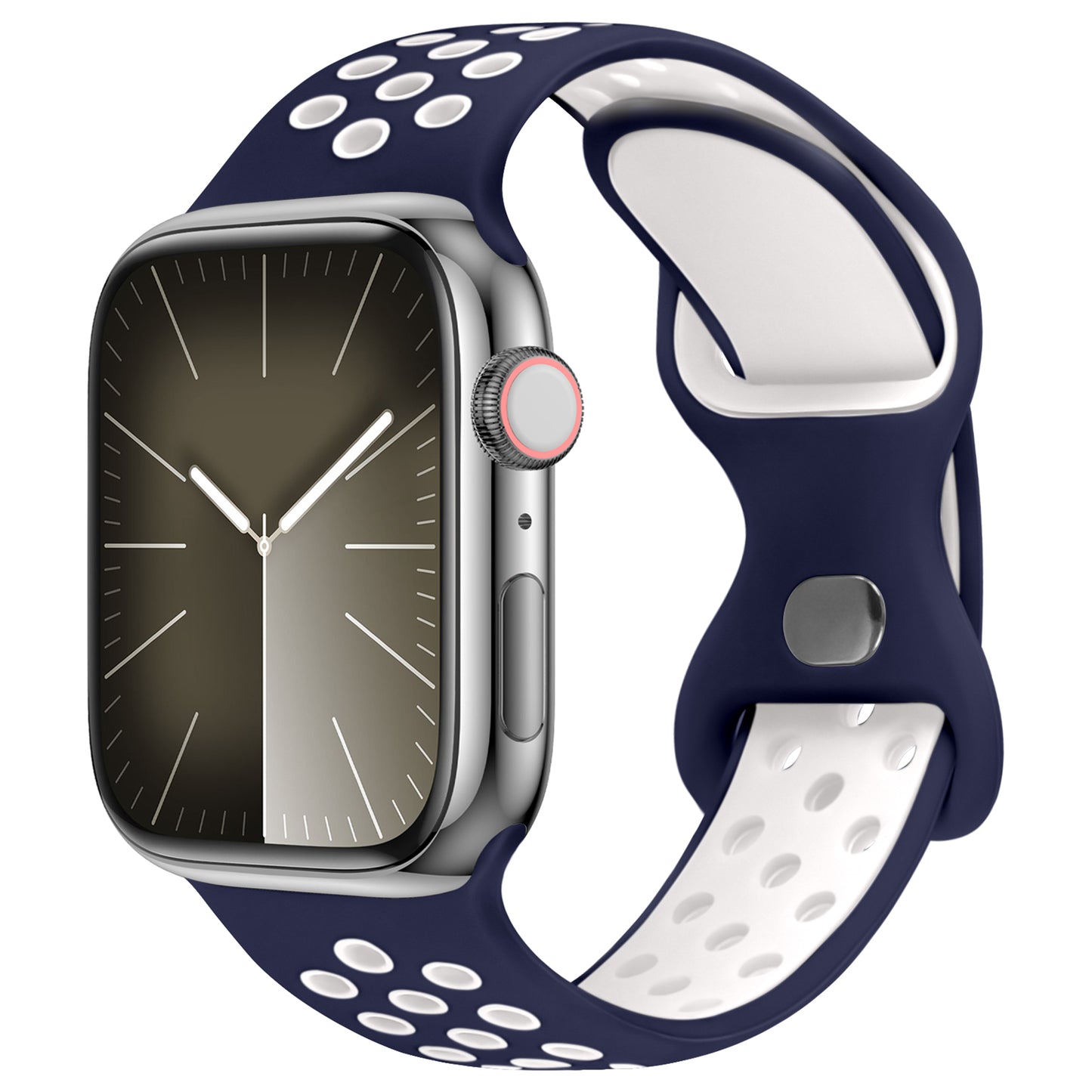 Das arktisband Apple Watch Silikonarmband "Energy" verfügt über ein rechteckiges Display und ein zweifarbiges, marineblau-weißes, belüftetes Armband, kompatibel mit der Apple Watch. Das Display zeigt ein analoges Zifferblatt mit weißen Zeigern.