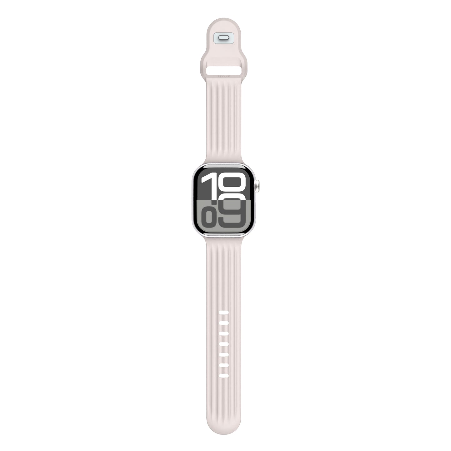 Das arktisband Apple Watch Armband "Skandi" besticht durch sein schlankes Skandi-Design, ein bequemes Fluorelastomer-Band in Beige und ein rechteckiges Zifferblatt, das in großen Ziffern 10:09 anzeigt.