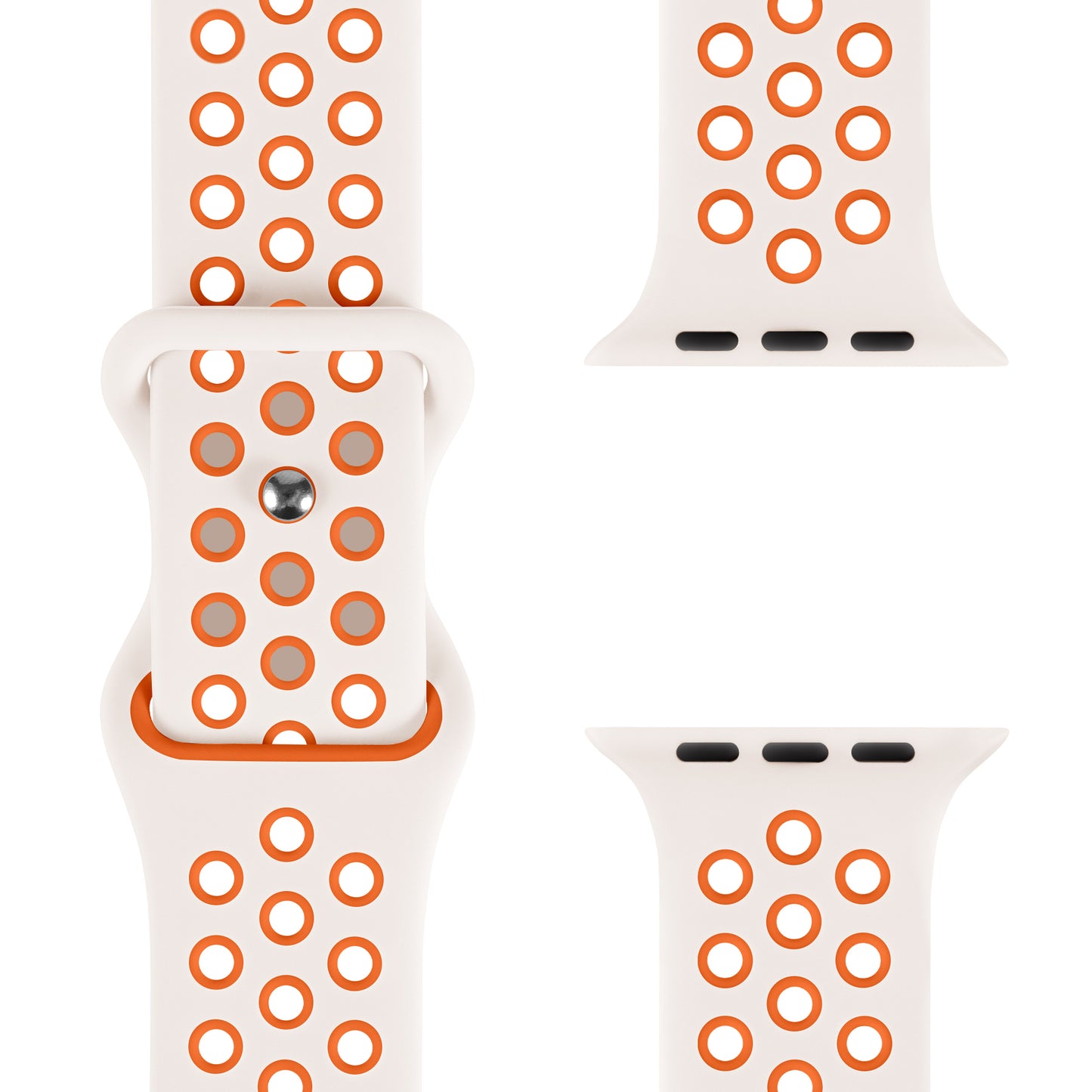 Das arktisband Apple Watch Silikonarmband „Energy“ ist weiß mit orange umrandeten Löchern. Nahaufnahme der Schließe, beider Bandseiten und Verbindungsstücke zur Befestigung am Apple Watch Armband.