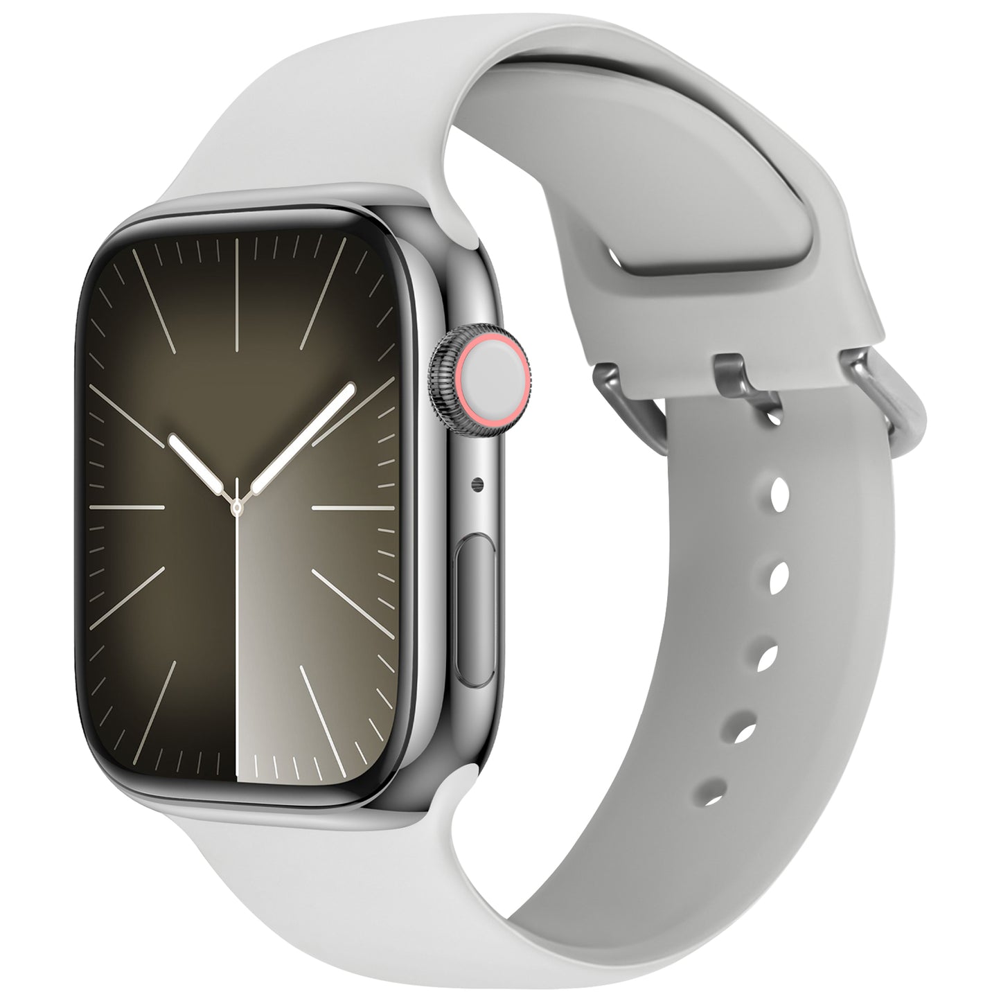 Eine Nahaufnahme einer modernen Smartwatch mit rechteckigem Zifferblatt und silbernem Gehäuse. Das arktisband Apple Watch Silikonarmband „Aqua“ von arktisband ist sportlich weiß, während die digitale Krone durch eine rote Kontur akzentuiert ist.