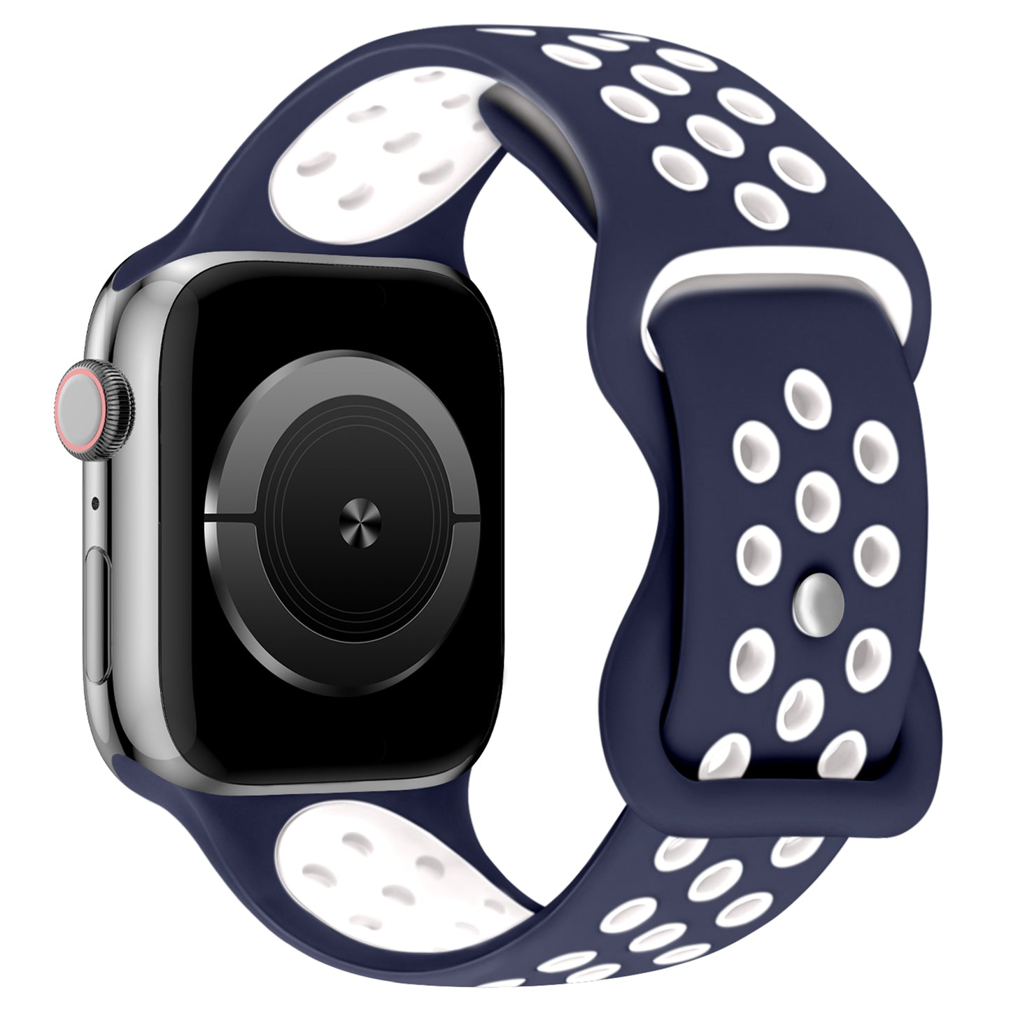 Das arktisband Apple Watch Silikonarmband "Energy" besticht durch ein marineblaues Band mit weißen ovalen Löchern, einem schwarzen Display und einem silbernen Gehäuse. Dieses stylische arktisband Accessoire ist kompatibel mit der Apple Watch und wird von der Seite gezeigt.