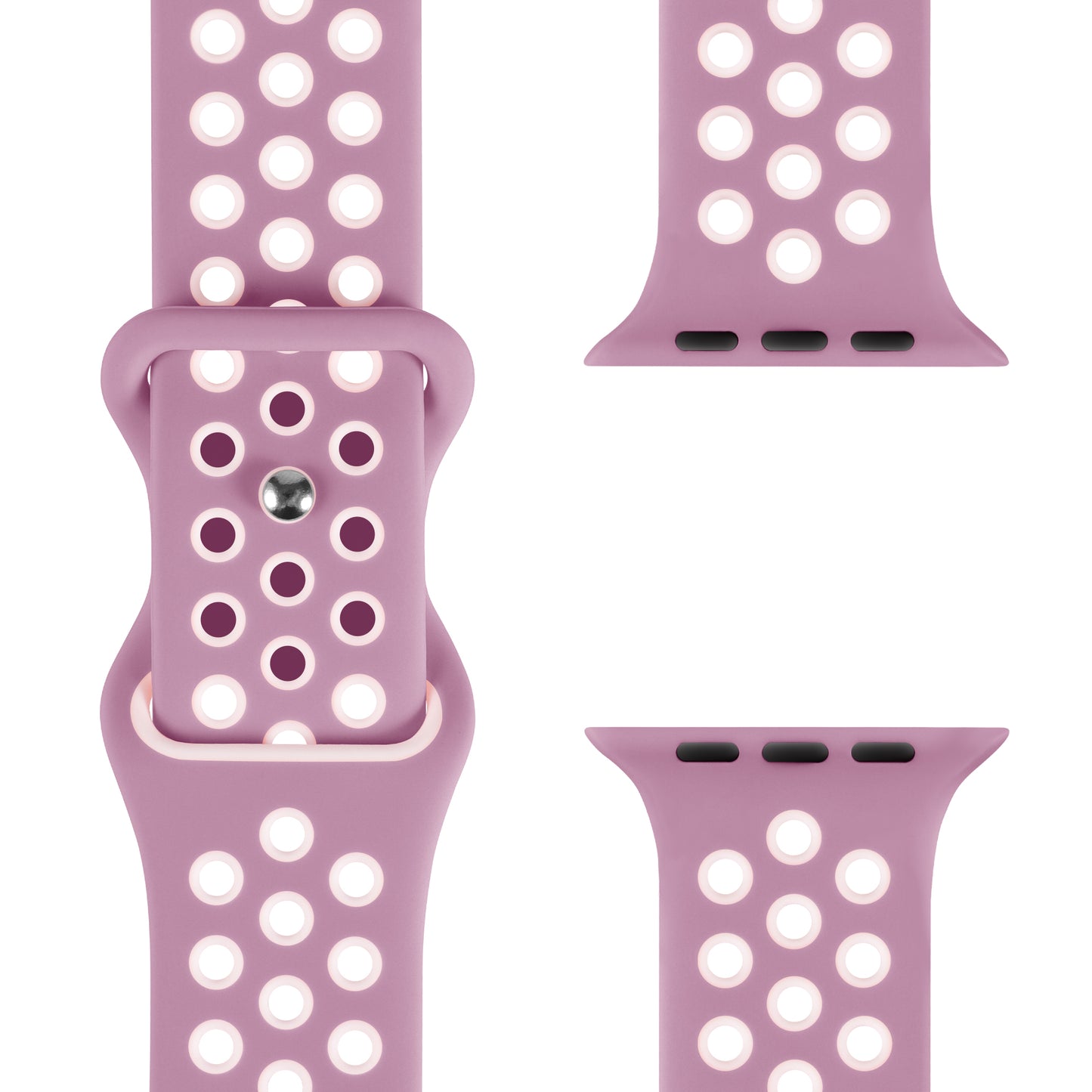 Das arktisband Apple Watch Silikonarmband „Energy“ in Pink wird aus drei Blickwinkeln gezeigt: Vorderseite mit geschlossener Schnalle und zwei Seitenansichten, die die Anschlussenden und gleichmäßig verteilten weißen Löcher hervorheben.