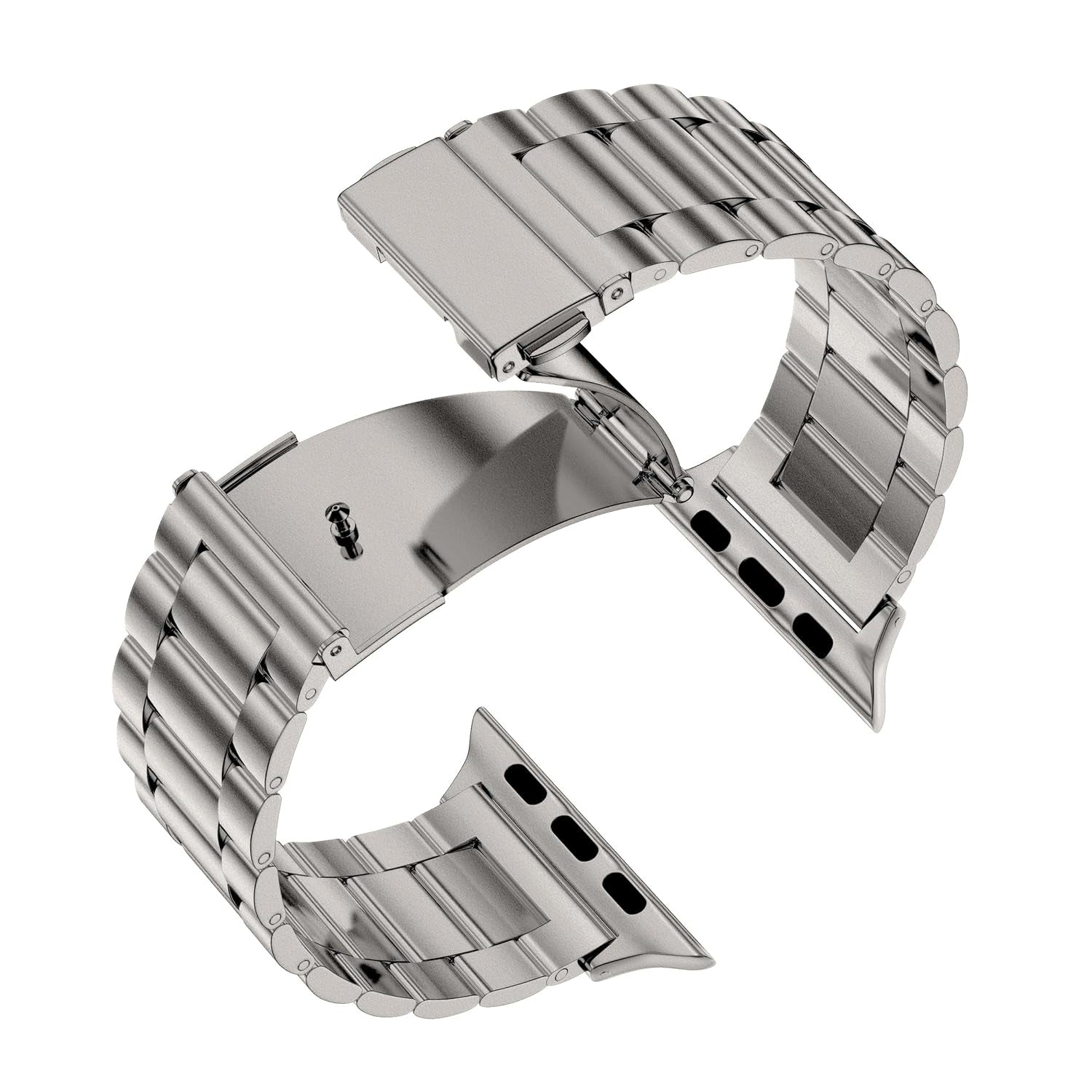 Das Arktisband Apple Watch Gliederarmband „Arctica“, ein Edelstahlarmband mit Faltschließe, ist teilweise geöffnet und gibt den Blick auf seine segmentierten Glieder und Einstelllöcher frei, die auf einem schlichten weißen Hintergrund dargestellt sind.