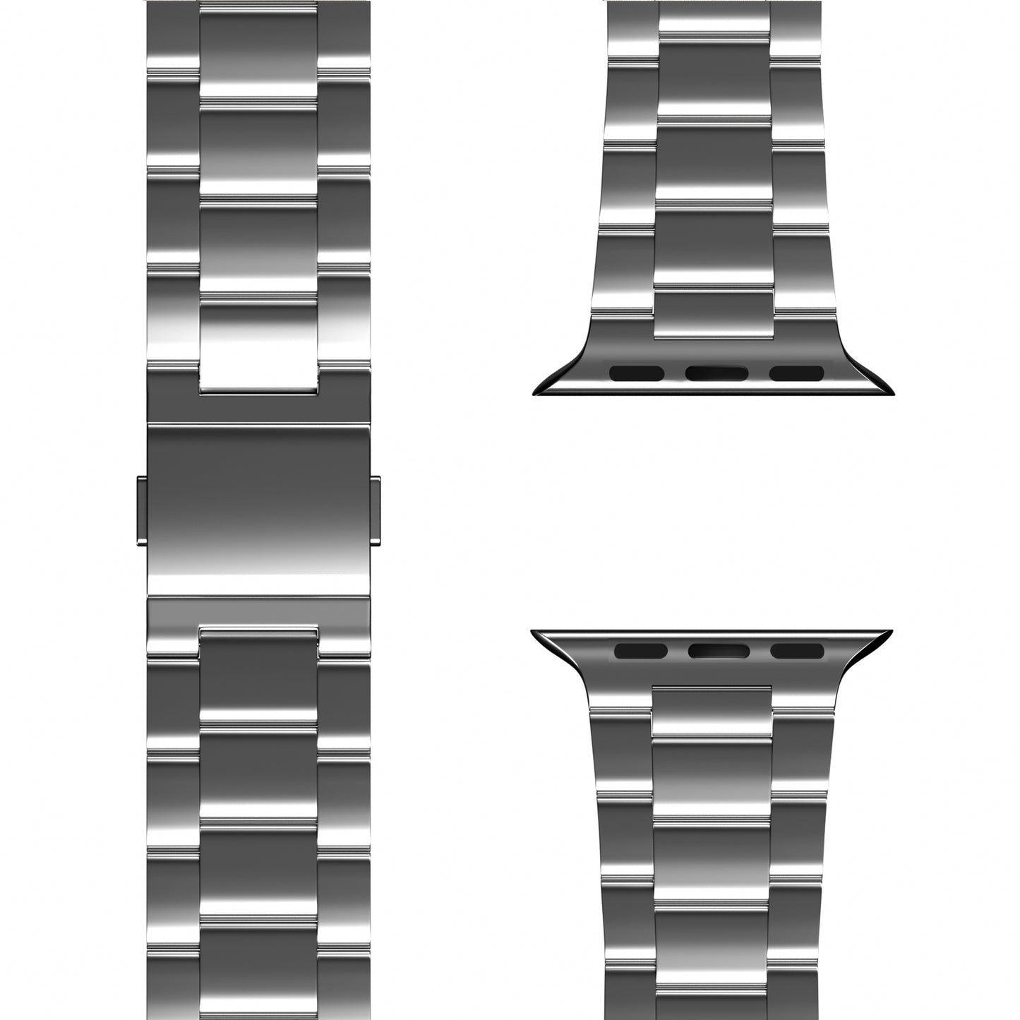 Das arktisband Apple Watch Gliederarmband „Prime“ wird aus drei Perspektiven gezeigt: Vorderansicht in voller Länge sowie Ansicht der Ösen von oben und unten. Das Edelstahlarmband verfügt über eine gebürstete Oberfläche, einen Verschluss und abnehmbare Glieder.