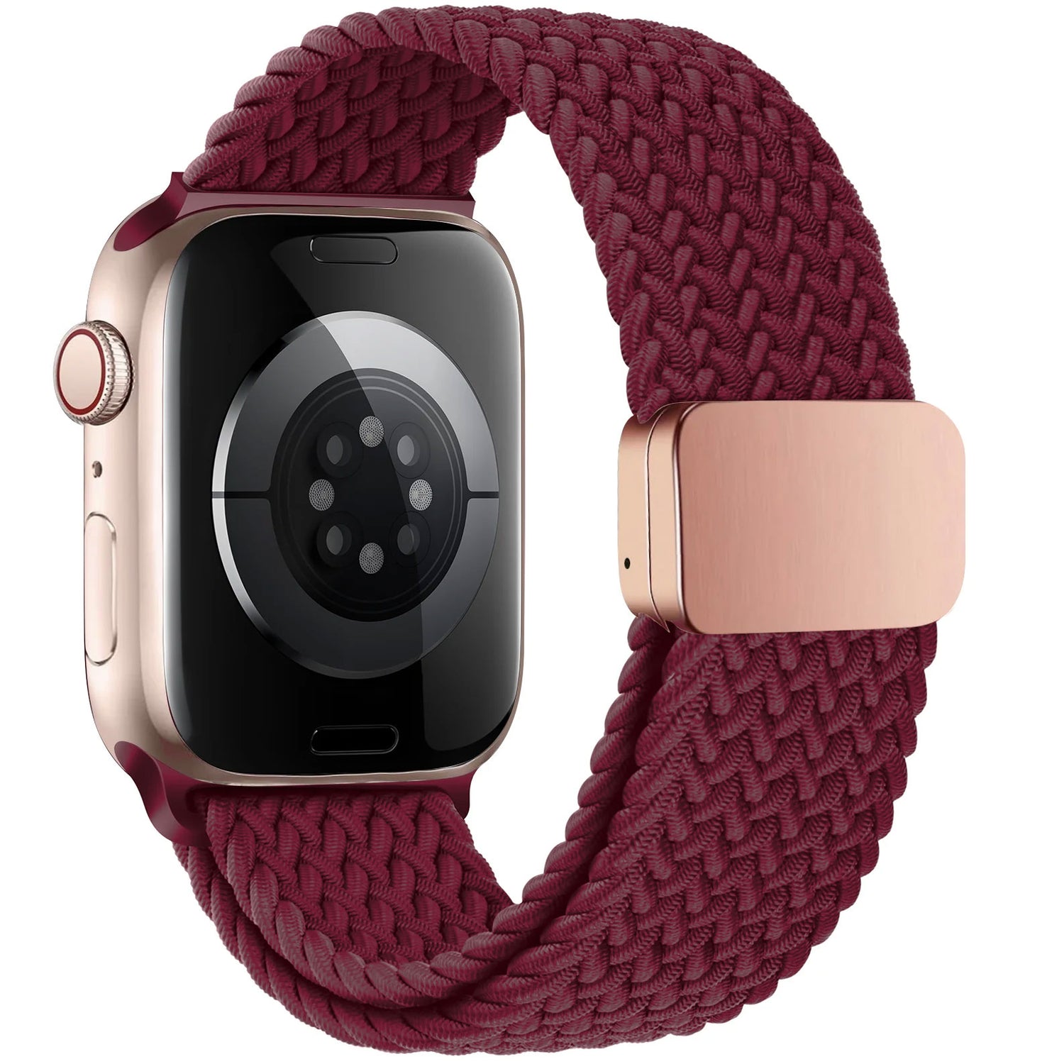 Abgebildet ist eine goldene Apple Watch von der Rückseite mit einem kunstvoll geflochtenen Apple Watch Armband „Casual“ mit Magnetverschluss in Burgunderrot.