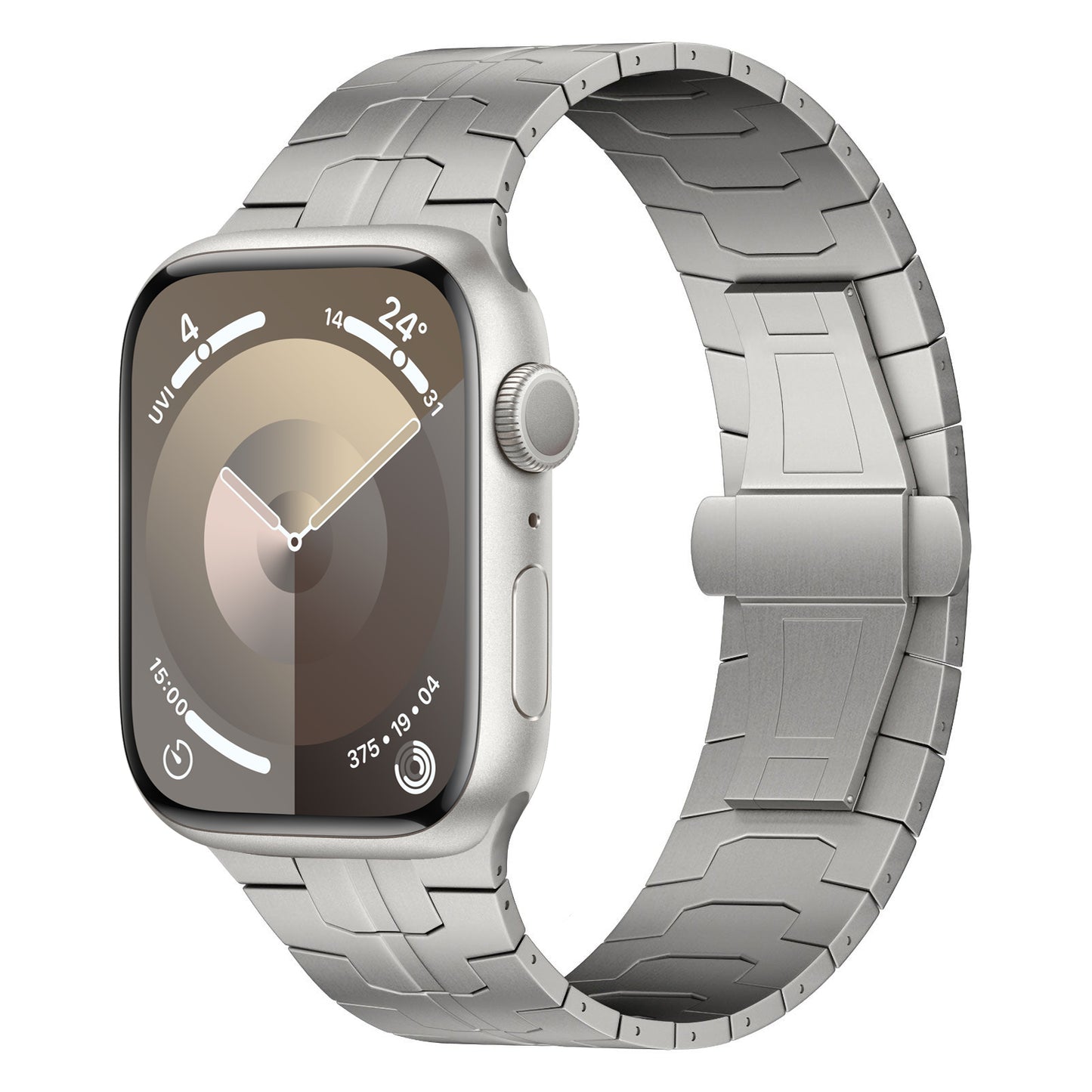 Das arktisband Apple Watch TITAN Armband „Aviato Edition“ wird schräg gezeigt und verfügt über ein langlebiges Titan Grad 2-Metallgliederband und ein minimalistisches Display mit kreisförmigen Anzeigen für Zeit, UV-Index, Temperatur und Batterieladung.