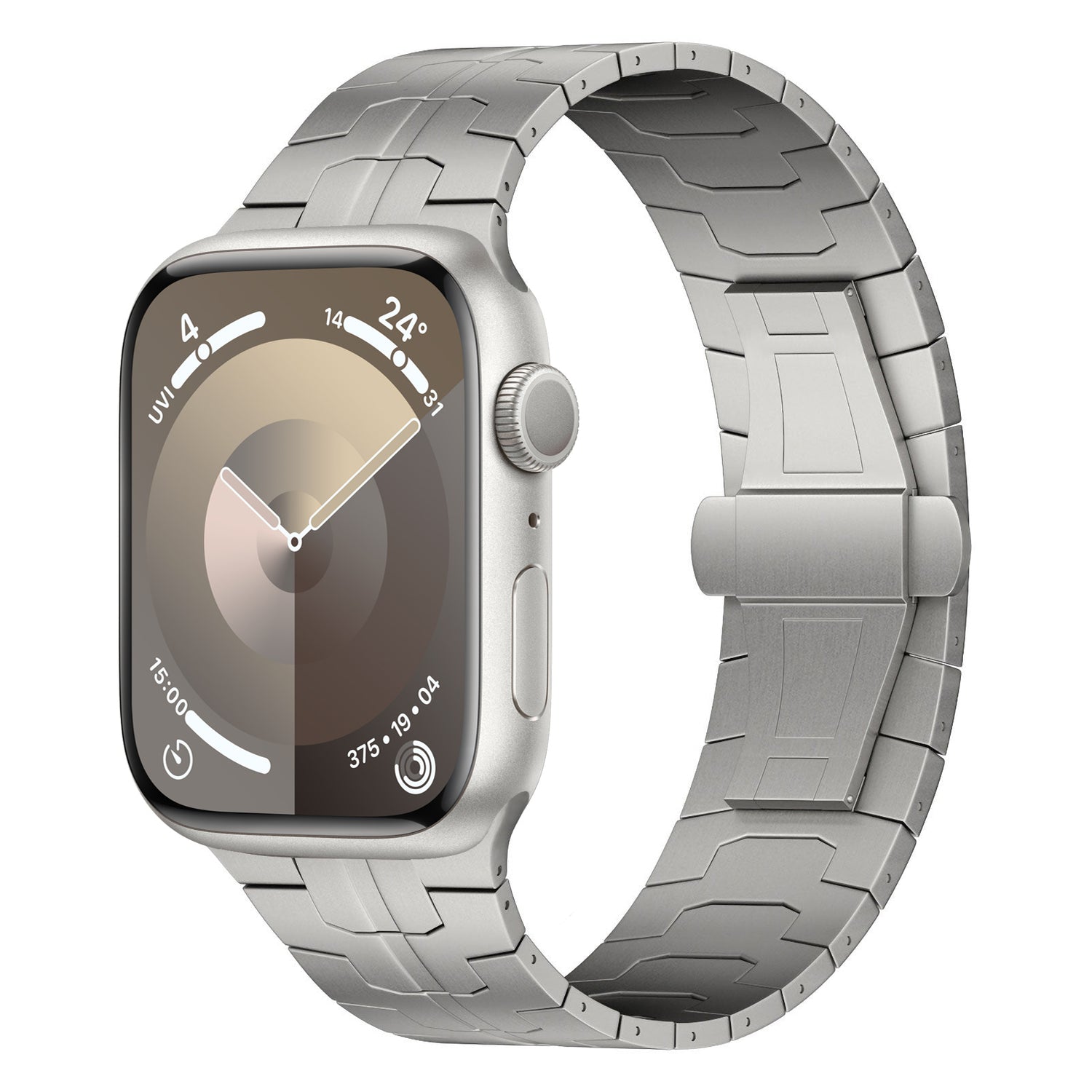 Das arktisband Apple Watch TITAN Armband „Aviato Edition“ wird schräg gezeigt und verfügt über ein langlebiges Titan Grad 2-Metallgliederband und ein minimalistisches Display mit kreisförmigen Anzeigen für Zeit, UV-Index, Temperatur und Batterieladung.