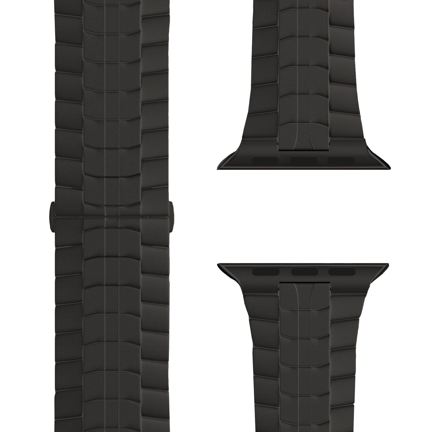 Eine Nahaufnahme des arktisband Apple Watch TITAN Armbands „Aviato Edition“ von arktisband wird aus verschiedenen Winkeln gezeigt und hebt die schwarze DLC-Beschichtung auf dem Verschluss und den Anschlüssen sowie das strukturierte, geometrisch segmentierte Design hervor.