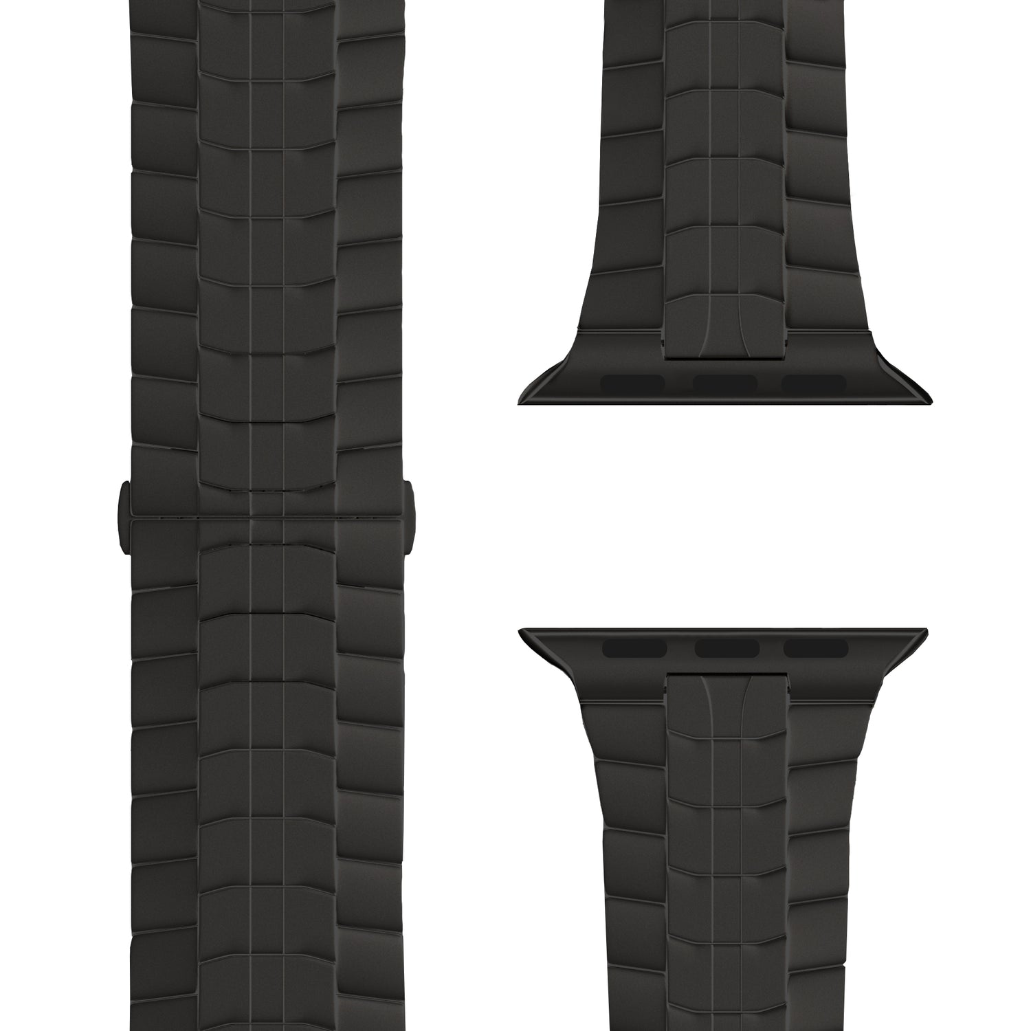 Eine Nahaufnahme des arktisband Apple Watch TITAN Armbands „Aviato Edition“ von arktisband wird aus verschiedenen Winkeln gezeigt und hebt die schwarze DLC-Beschichtung auf dem Verschluss und den Anschlüssen sowie das strukturierte, geometrisch segmentierte Design hervor.