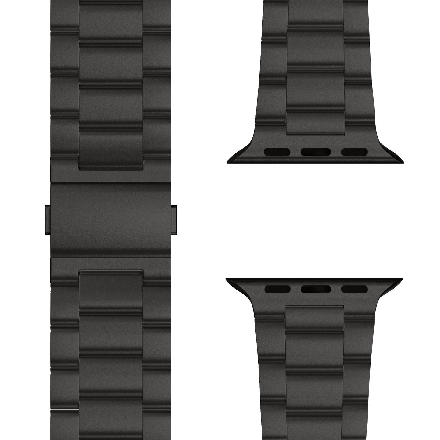 Das arktisband Apple Watch Titan Gliederarmband „Prime“, ein schwarzes Metallband mit großen Gliedern und MagneticClick Verschluss, wird dreiteilig dargestellt: Hauptteil mittig, Verbindungsstücke darüber und darunter.