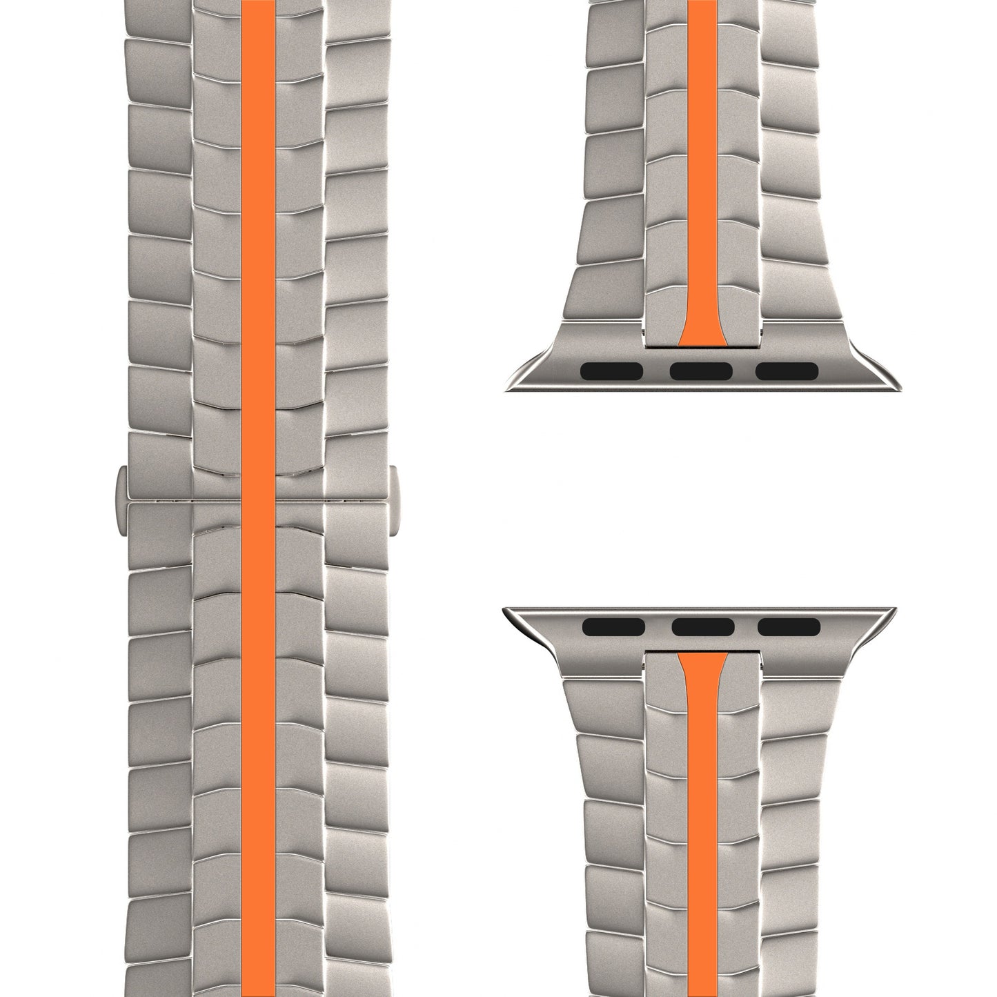 Nahaufnahme des arktisband Apple Watch TITAN Armbands „Aviato Edition“: ein segmentiertes, metallisches Armband mit einem zentralen orangefarbenen Streifen, in drei Abschnitten dargestellt und mit DLC-Beschichtung von arktisband versehen.