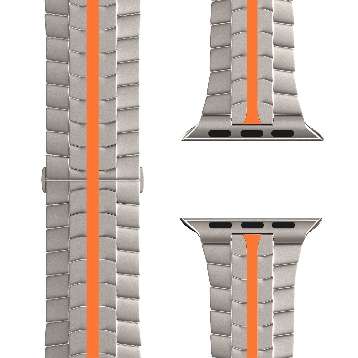 Nahaufnahme des arktisband Apple Watch TITAN Armbands „Aviato Edition“: ein segmentiertes, metallisches Armband mit einem zentralen orangefarbenen Streifen, in drei Abschnitten dargestellt und mit DLC-Beschichtung von arktisband versehen.
