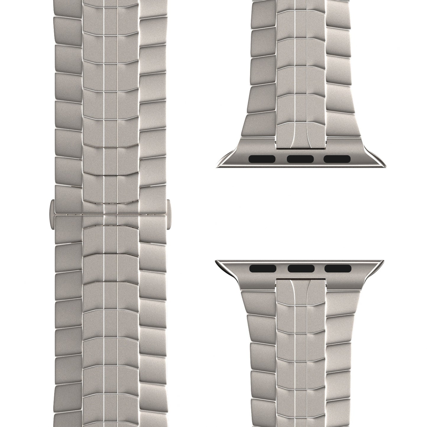 Nahaufnahme von drei Segmenten des Arktisband Apple Watch TITAN Armbands „Aviato Edition“ in Silber, gefertigt aus Titan Grad 2 mit segmentiertem Magnetgliederdesign, von oben auf weißem Hintergrund betrachtet.