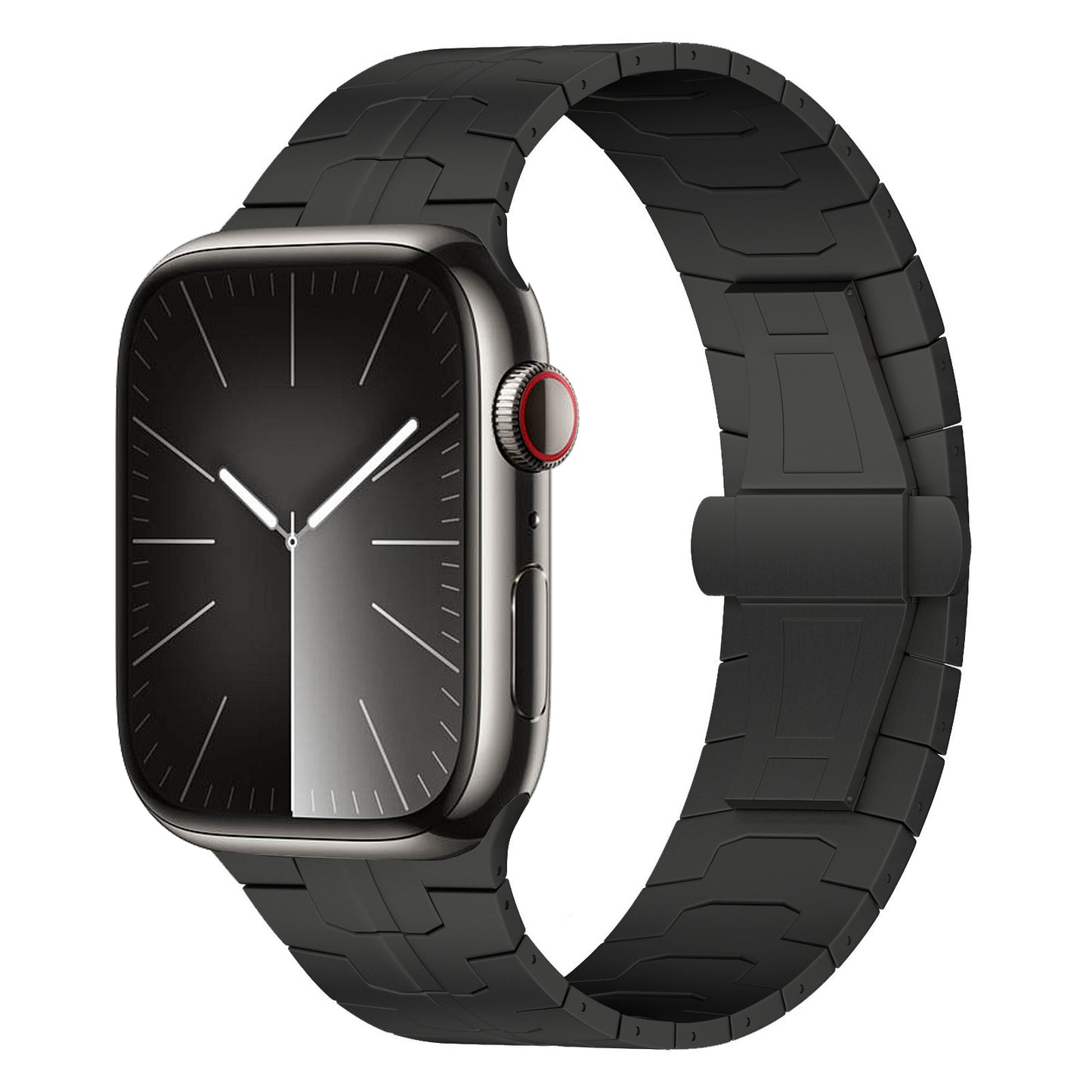 Das arktisband Apple Watch TITAN Armband „Aviato Edition“ ist eine schwarze Smartwatch mit rechteckigem Zifferblatt, minimalistischem Display im Analogstil, Titan Grad 2 mit DLC-Beschichtung und einem schwarzen Silikonarmband mit geometrischem Muster.