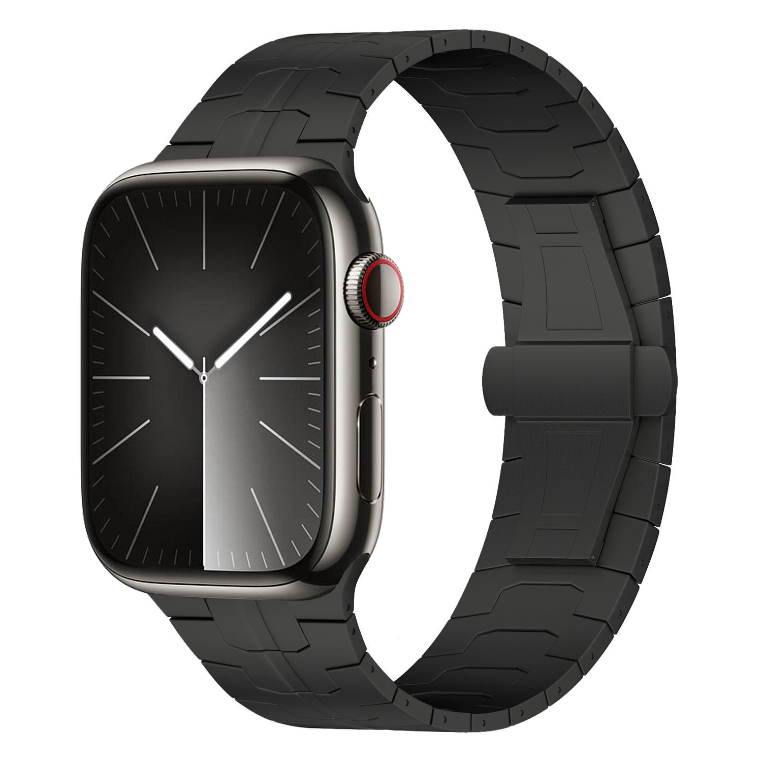 Das arktisband Apple Watch TITAN Armband „Aviato Edition“ ist eine schwarze Smartwatch mit rechteckigem Zifferblatt, minimalistischem Display im Analogstil, Titan Grad 2 mit DLC-Beschichtung und einem schwarzen Silikonarmband mit geometrischem Muster.