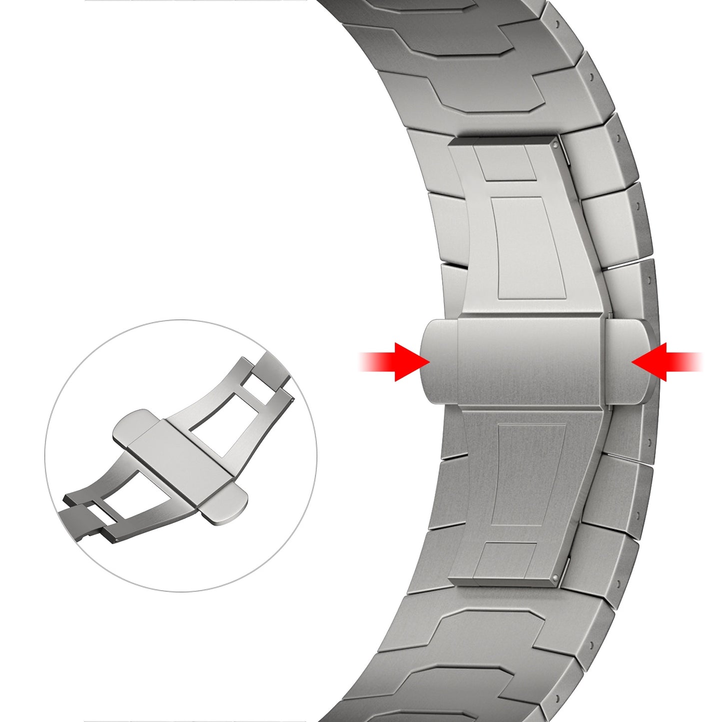 Eine Nahaufnahme des Metallarmbands Arktisband Apple Watch Ultra Armband TITANIUM F-15 mit Faltschließe, zwei roten Pfeilen, die auf die Seiten zeigen, und einem eingefügten Diagramm, das den einzigartigen Arktisband-Verschlussmechanismus zeigt.