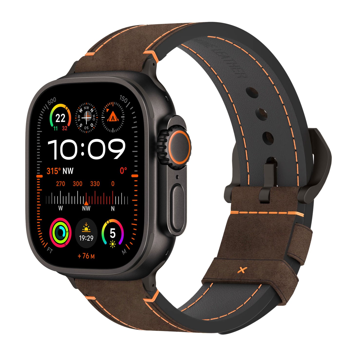 Das arktisband Apple Watch Ultra PALERMO GRANDE Lederarmband mit orangefarbenen Nähten zeigt 10:09 Uhr an und zeigt Kompass, Wetter und Aktivitätsringe auf einem schwarzen Display. Marke: arktisband.