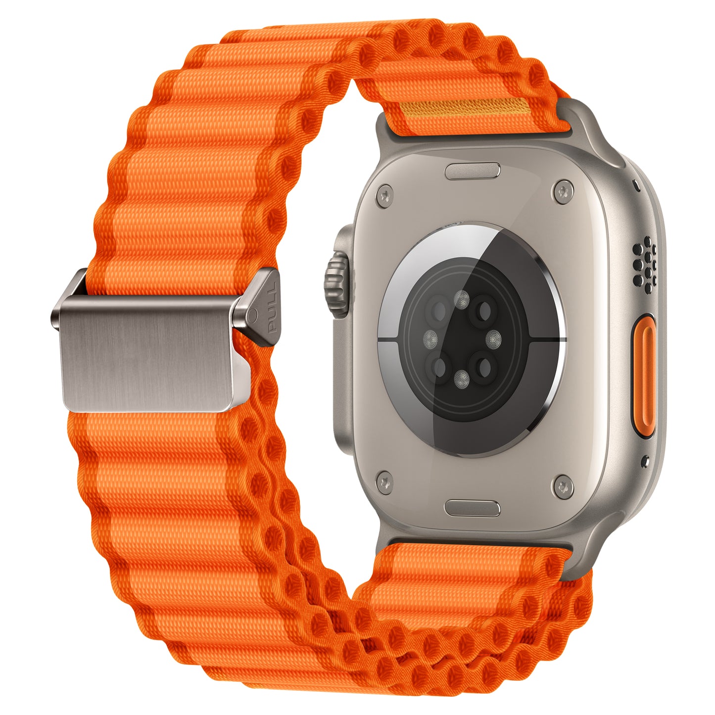 Rückansicht des arktisband Apple Watch Nylonarmbands „Venture“: orangefarbenes Band mit Wellenstruktur und silberner Schnalle von arktisband, bereit für jedes Abenteuer.
