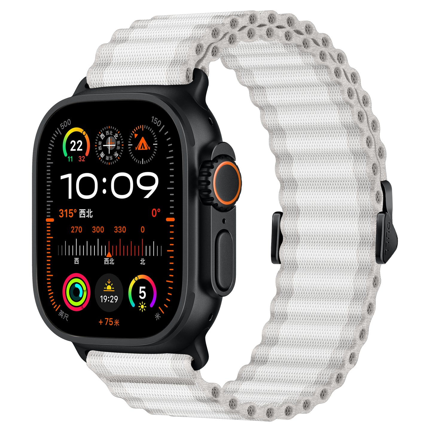 Die schwarze Smartwatch mit rechteckigem Display und der Uhrzeit 10:09 wird mit dem arktisband Apple Watch Nylonarmband „Venture“ geliefert – ideal für Outdoor-Enthusiasten, die Wert auf Stil und Funktion legen.