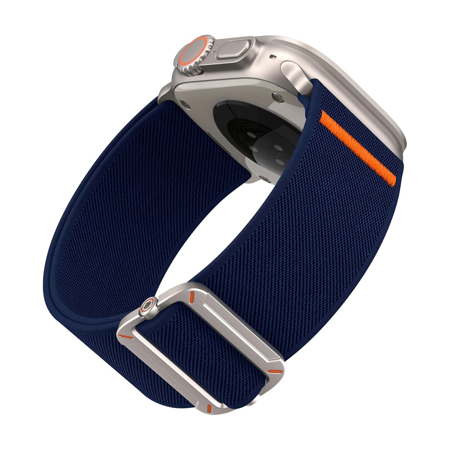 Das arktisband Apple Watch Nylonarmband "FlexOne" von arktisband ist in Blau mit orangefarbenen Akzenten und einem silbernen Gehäuse abgebildet, von hinten und von der Seite betrachtet.