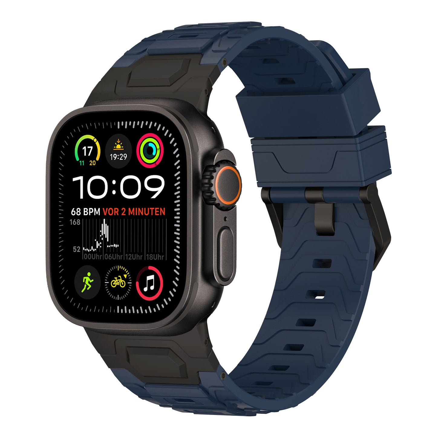 Das arktisband Apple Watch Ultra Armband „Orbiter“ aus blauem FKM-Kunststoff zeigt Gesundheits- und Aktivitätsstatistiken auf seinem farbenfrohen Bildschirm an.