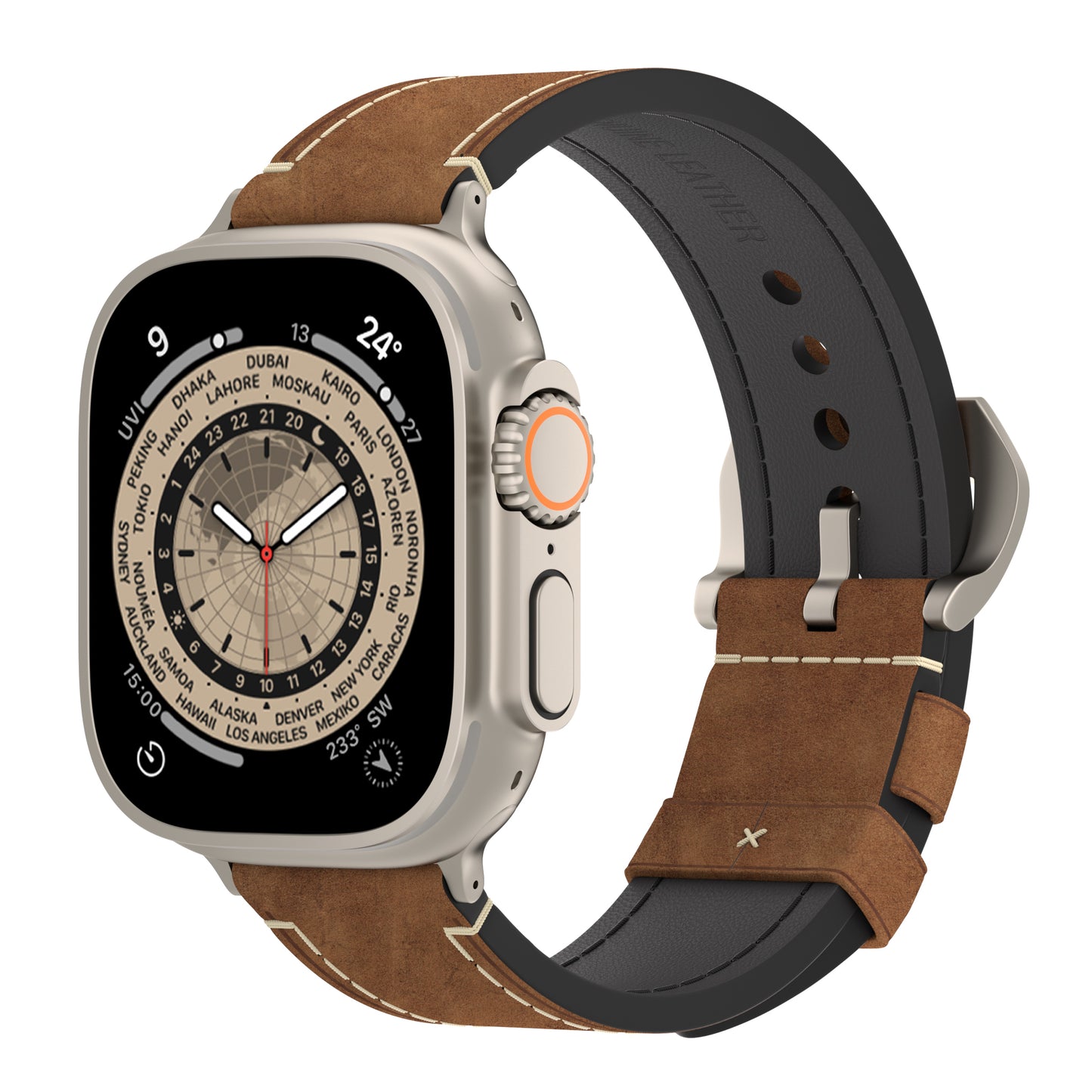 Das arktisband Apple Watch Ultra PALERMO GRANDE Lederarmband von arktisband verfügt über ein braunes Vintage-Lederarmband mit weißen Nähten, ein Gehäuse aus 316L-Edelstahl, eine schwarze digitale Multi-City-Anzeige und eine runde Krone mit orangefarbenen Akzenten und Metallschnalle.