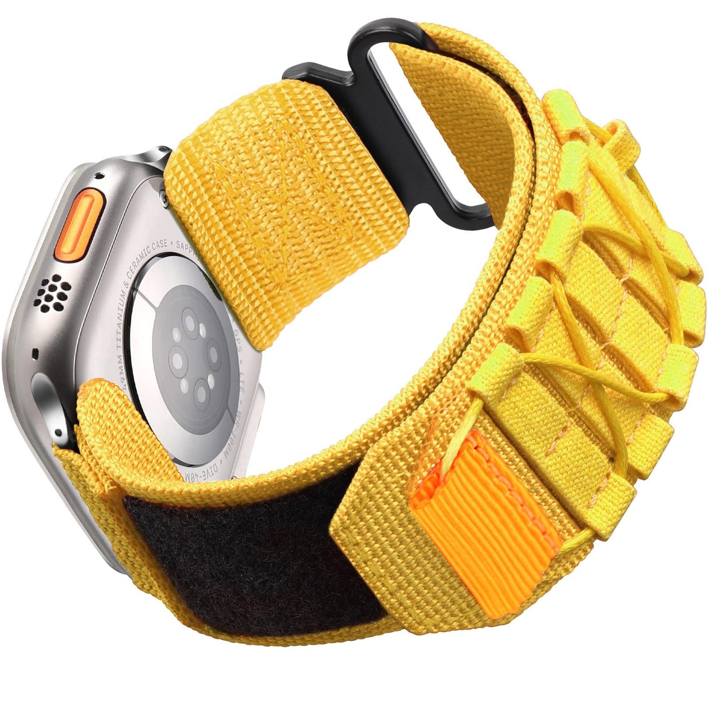 Eine Nahaufnahme des arktisband Apple Watch Outdoor Armbands "Forge" von arktisband, mit einem leuchtend gelben Nylonband und einem orangefarbenen Knopf an der Seite.