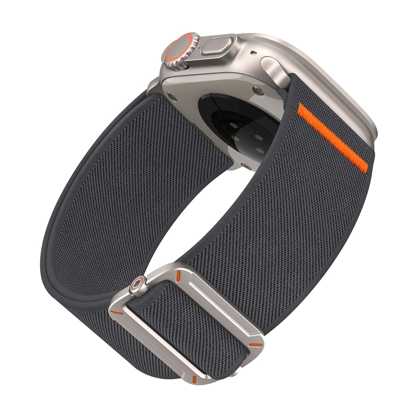 Eine Nahaufnahme der Rückseite des Arktisband Apple Watch Nylonarmbandes "FlexOne", mit einem schwarzen Stretch-Nylonband mit orangefarbenen Akzenten.