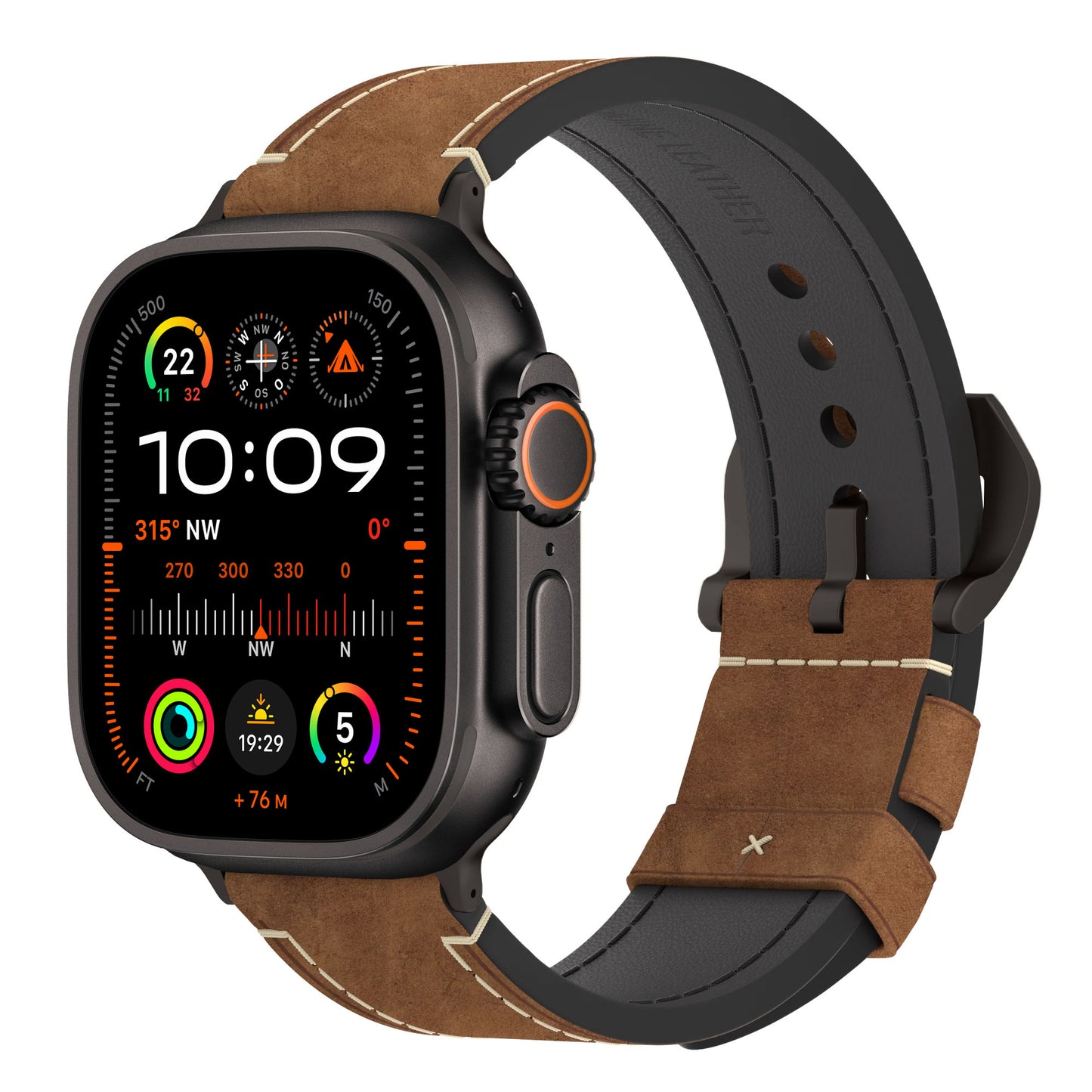 Die arktisband Apple Watch Ultra PALERMO GRANDE verfügt über ein robustes schwarzes 316L-Edelstahlgehäuse und ein Vintage-Lederarmband. Das brillante Display zeigt Uhrzeit, Kompass, Wetter und mehr mit farbenfrohen Symbolen auf dunklem Bildschirm an – ganz im Apple Watch Ultra-Stil.