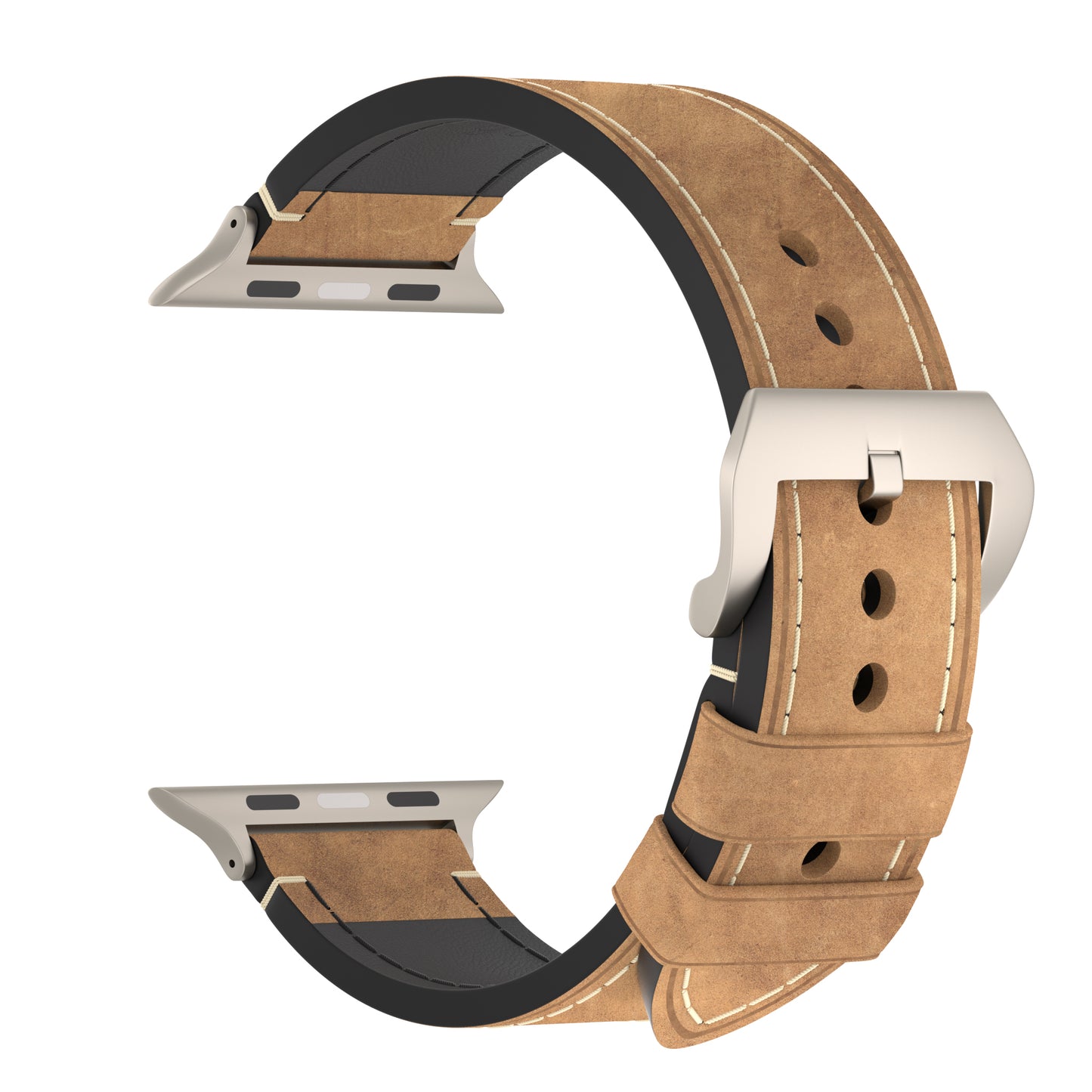 Das arktisband Apple Watch Ultra PALERMO GRANDE Lederarmband ist ein braunes Lederarmband mit weißen Nähten, silberner 316L-Edelstahlschließe und Metallverbindern, gewölbt auf weißem Hintergrund. Entwickelt für die Apple Watch Ultra.