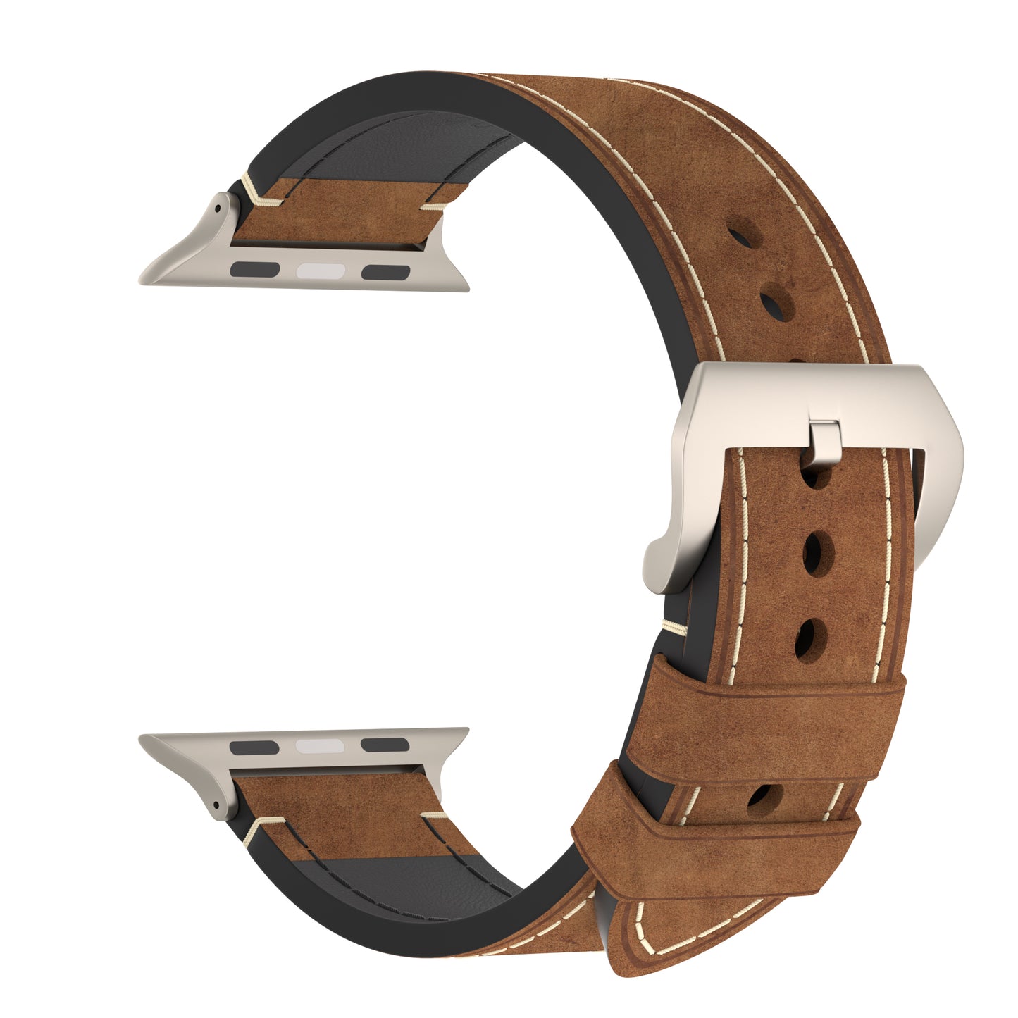 Das arktisband Apple Watch Ultra PALERMO GRANDE Lederarmband besteht aus braunem Vintage-Leder mit weißen Nähten, einer silbernen Schnalle aus 316L-Edelstahl und Metallanschlüssen für die Apple Watch Ultra auf weißem Hintergrund.
