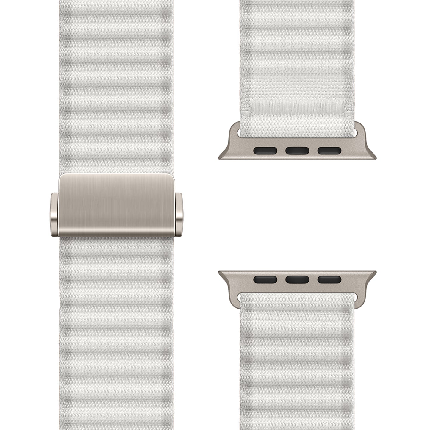 Eine Nahaufnahme des Arktisband Apple Watch Nylonarmbands „Venture“ in Weiß mit wellenförmigem Design, Leichtmetallverschluss und zwei Anschlüssen, aus verschiedenen Winkeln auf einem schlichten weißen Hintergrund gezeigt.